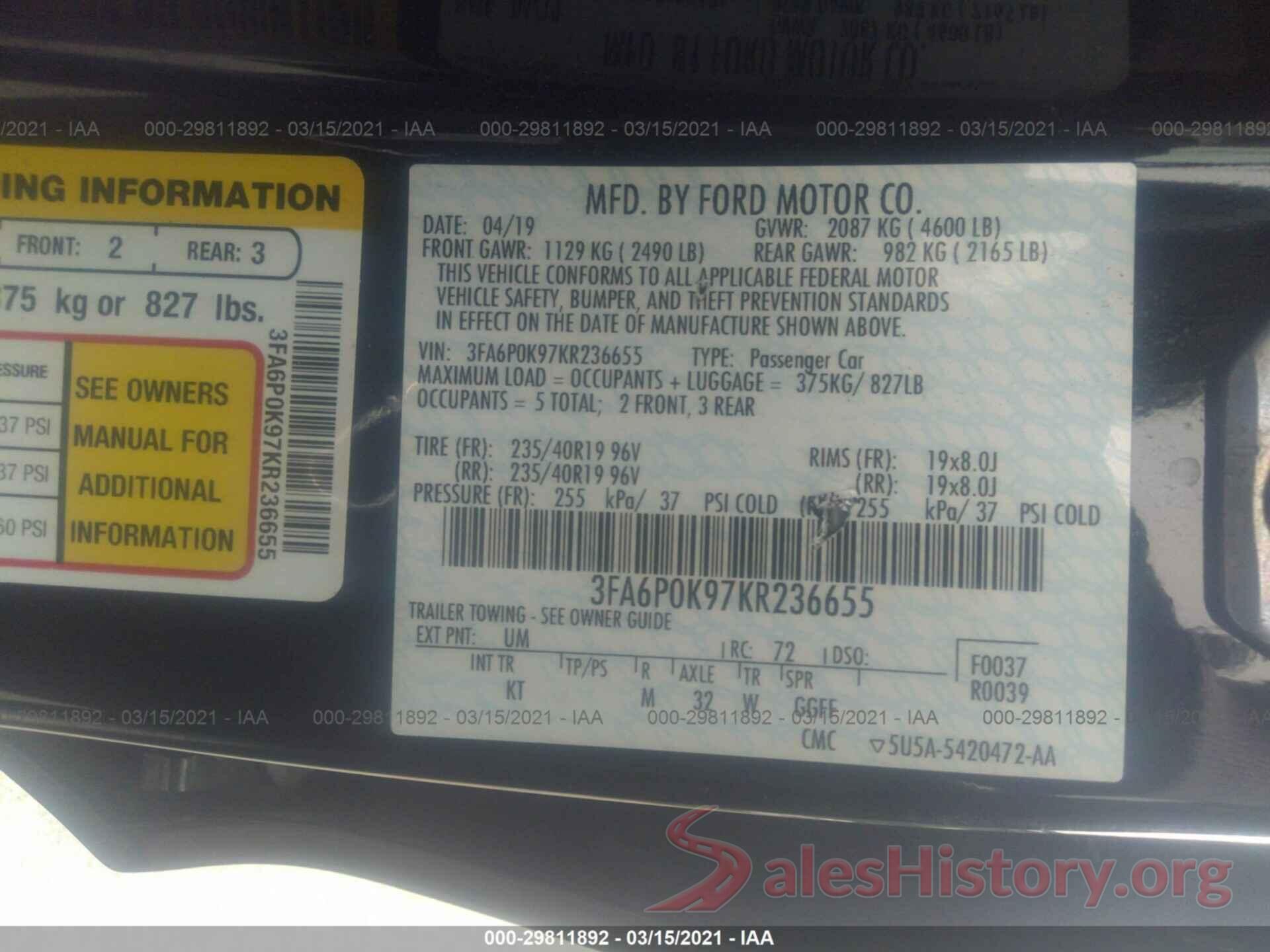 3FA6P0K97KR236655 2019 FORD FUSION