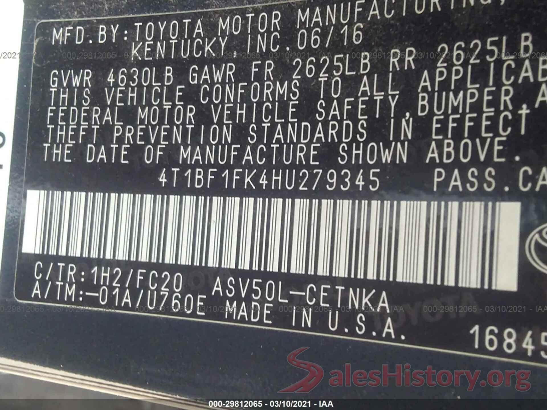 4T1BF1FK4HU279345 2017 TOYOTA CAMRY