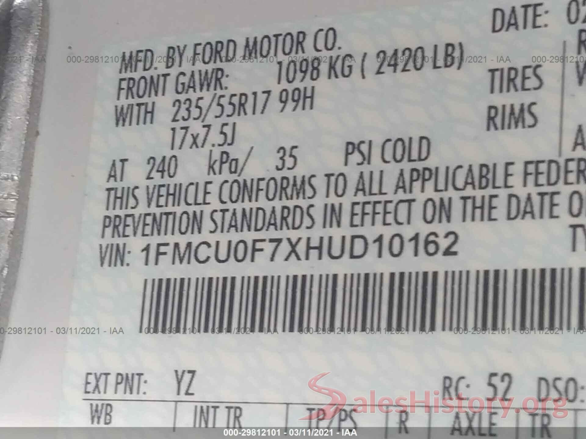 1FMCU0F7XHUD10162 2017 FORD ESCAPE