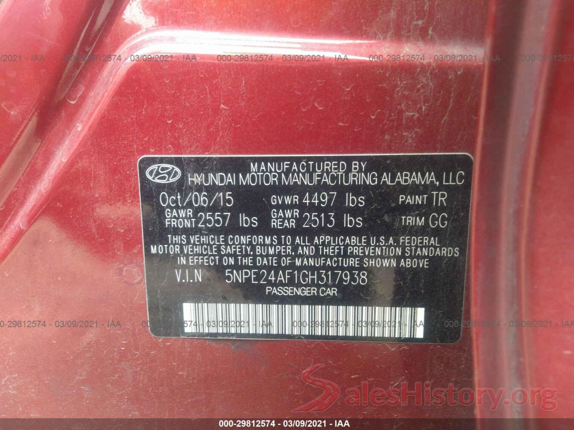 5NPE24AF1GH317938 2016 HYUNDAI SONATA