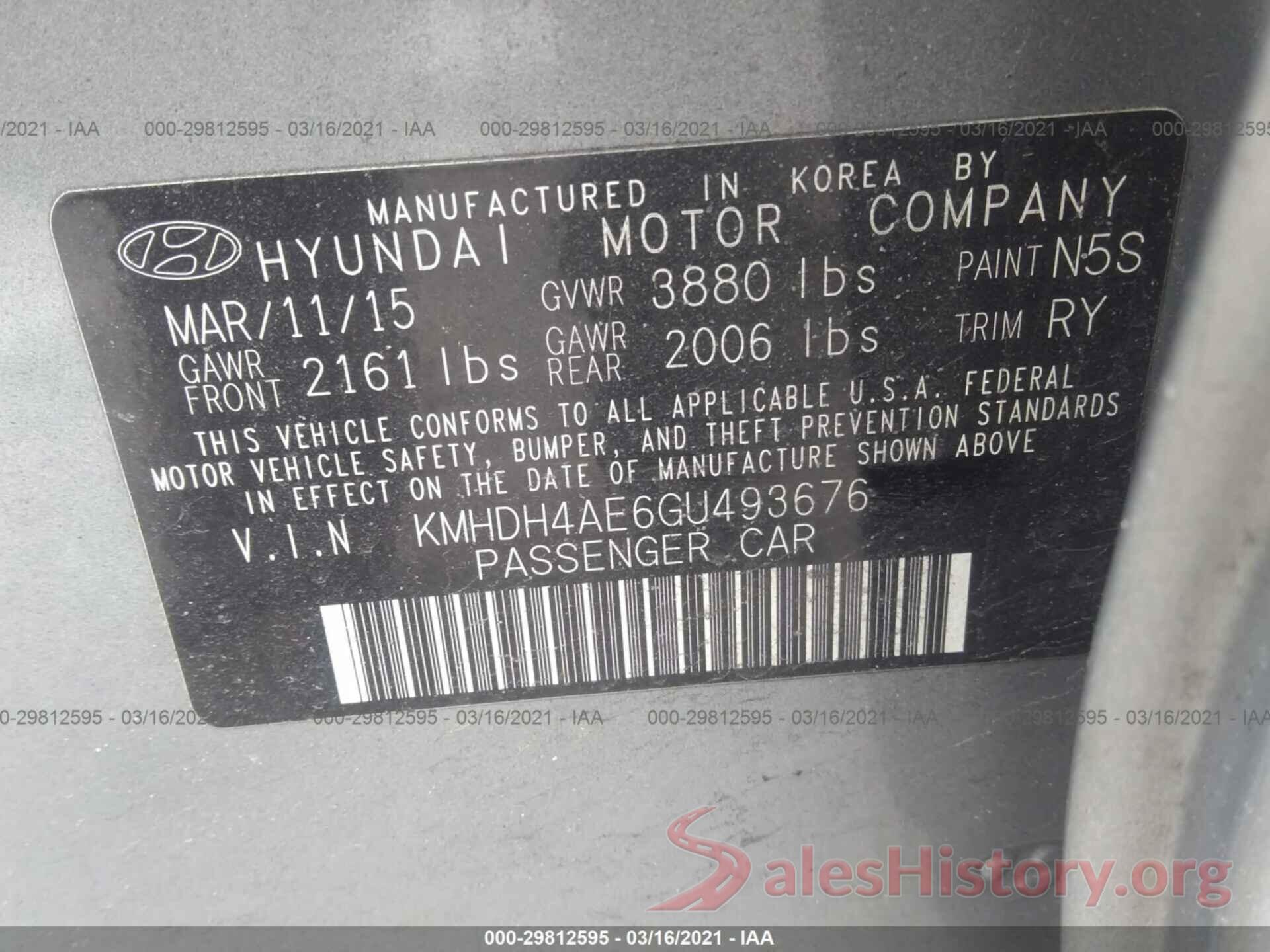 KMHDH4AE6GU493676 2016 HYUNDAI ELANTRA