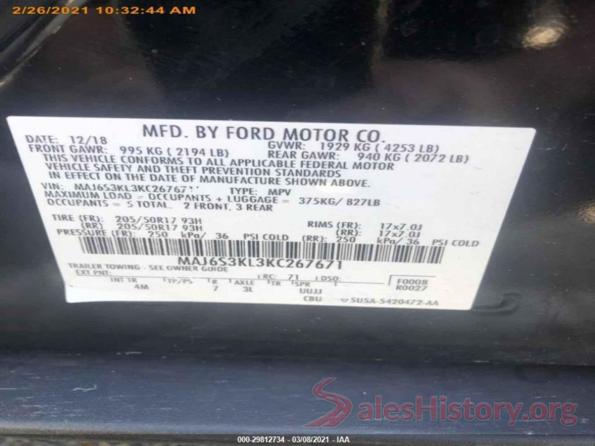 MAJ6S3KL3KC267671 2019 FORD ECOSPORT