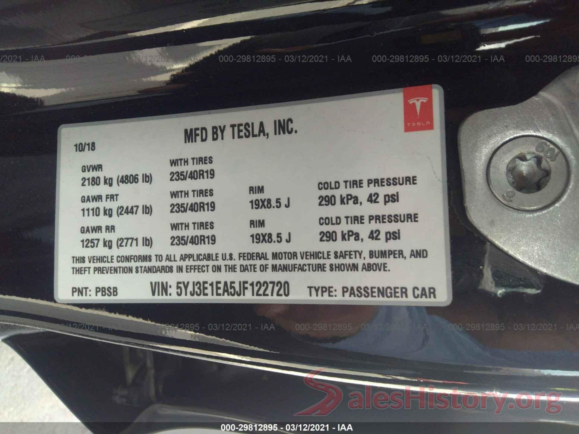 5YJ3E1EA5JF122720 2018 TESLA MODEL 3