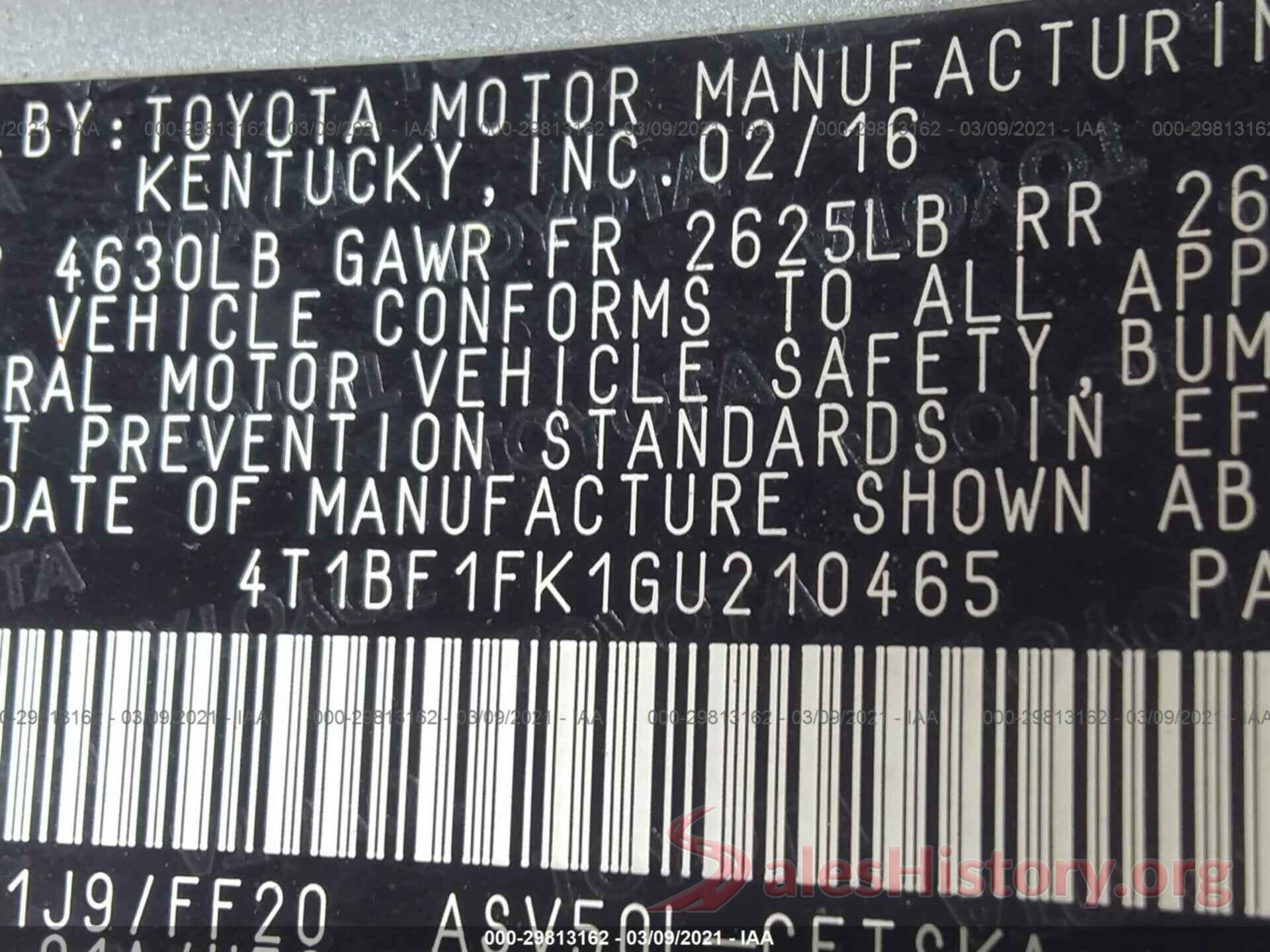 4T1BF1FK1GU210465 2016 TOYOTA CAMRY