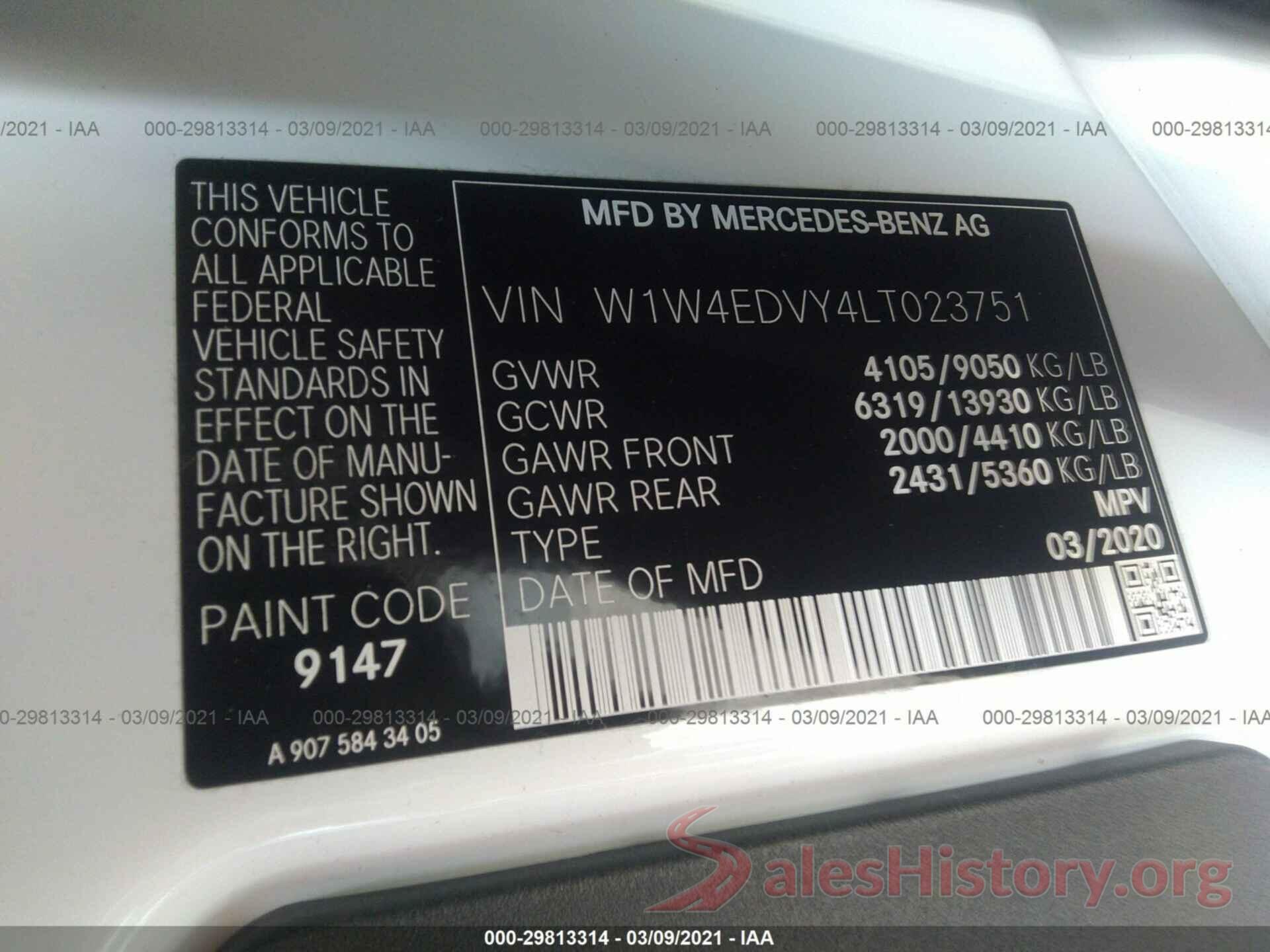 W1W4EDVY4LT023751 2020 MERCEDES-BENZ SPRINTER CARGO VAN