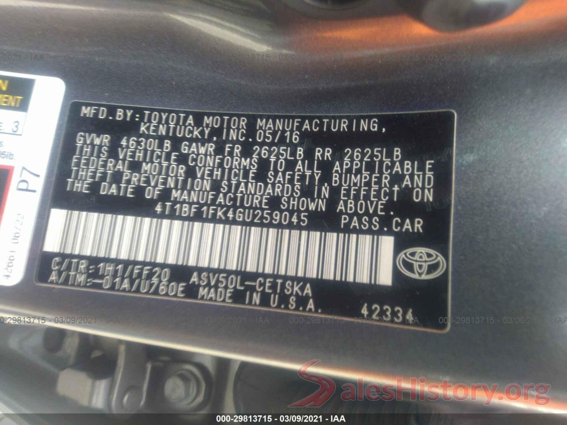 4T1BF1FK4GU259045 2016 TOYOTA CAMRY