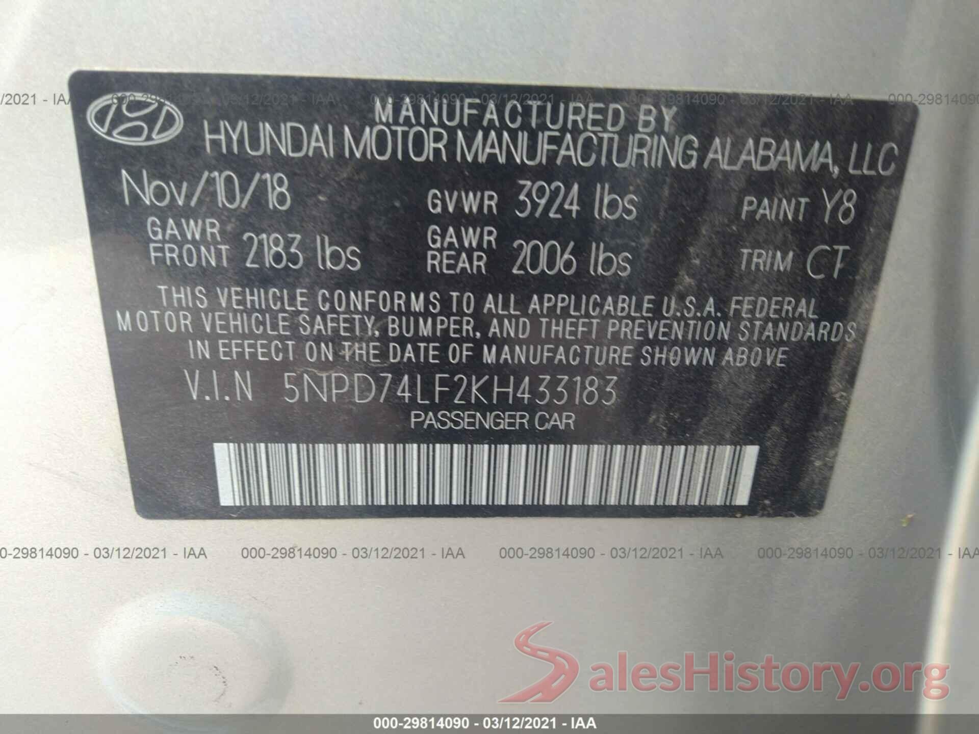 5NPD74LF2KH433183 2019 HYUNDAI ELANTRA