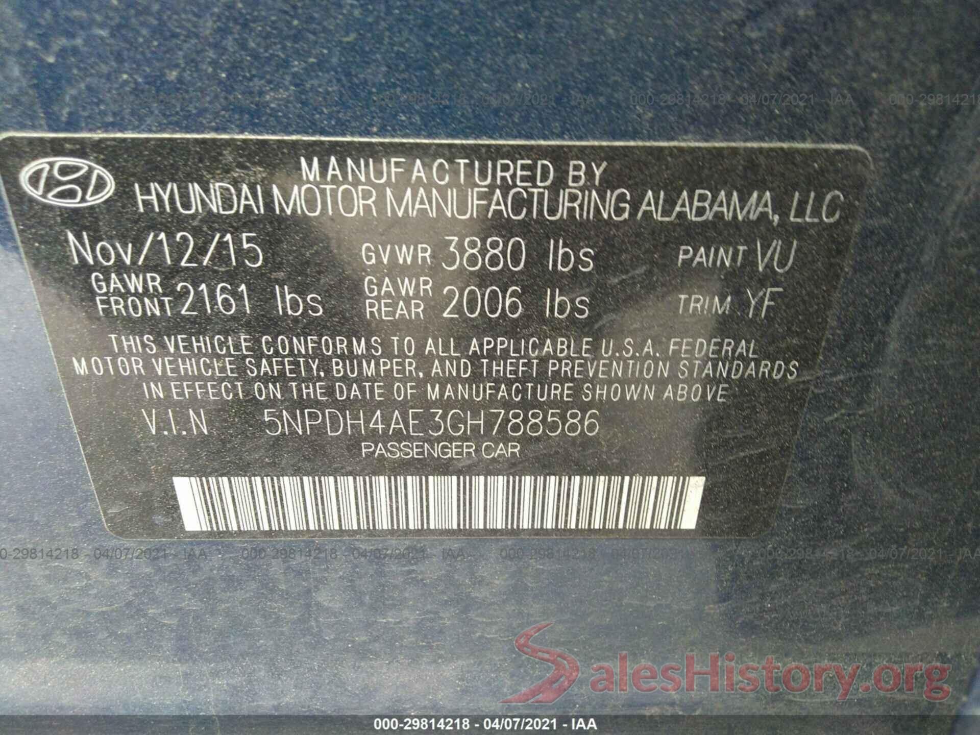 5NPDH4AE3GH788586 2016 HYUNDAI ELANTRA