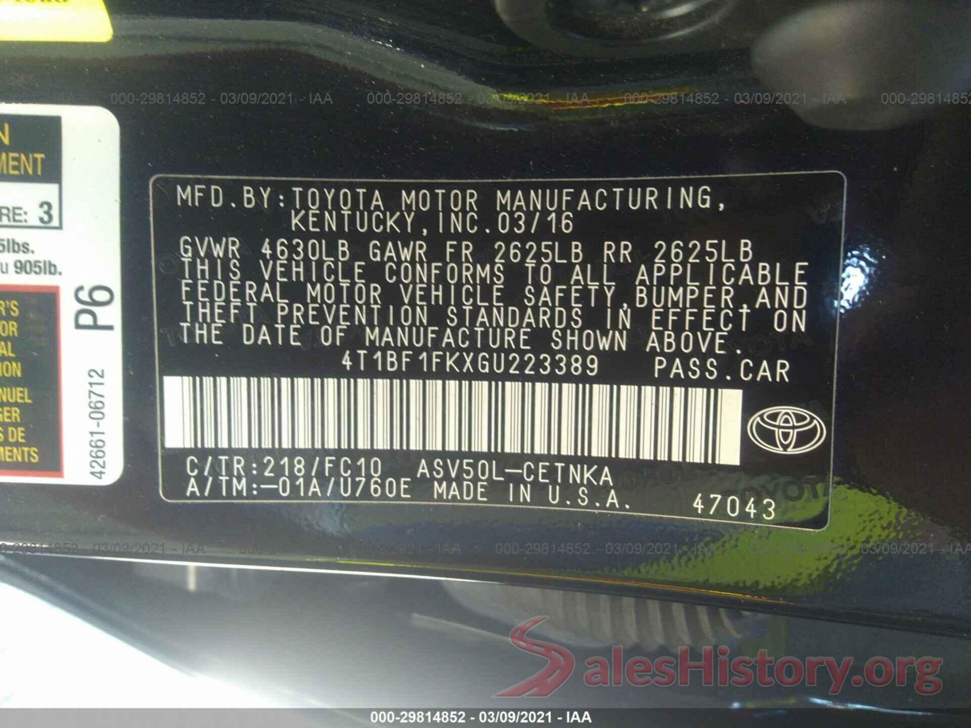 4T1BF1FKXGU223389 2016 TOYOTA CAMRY