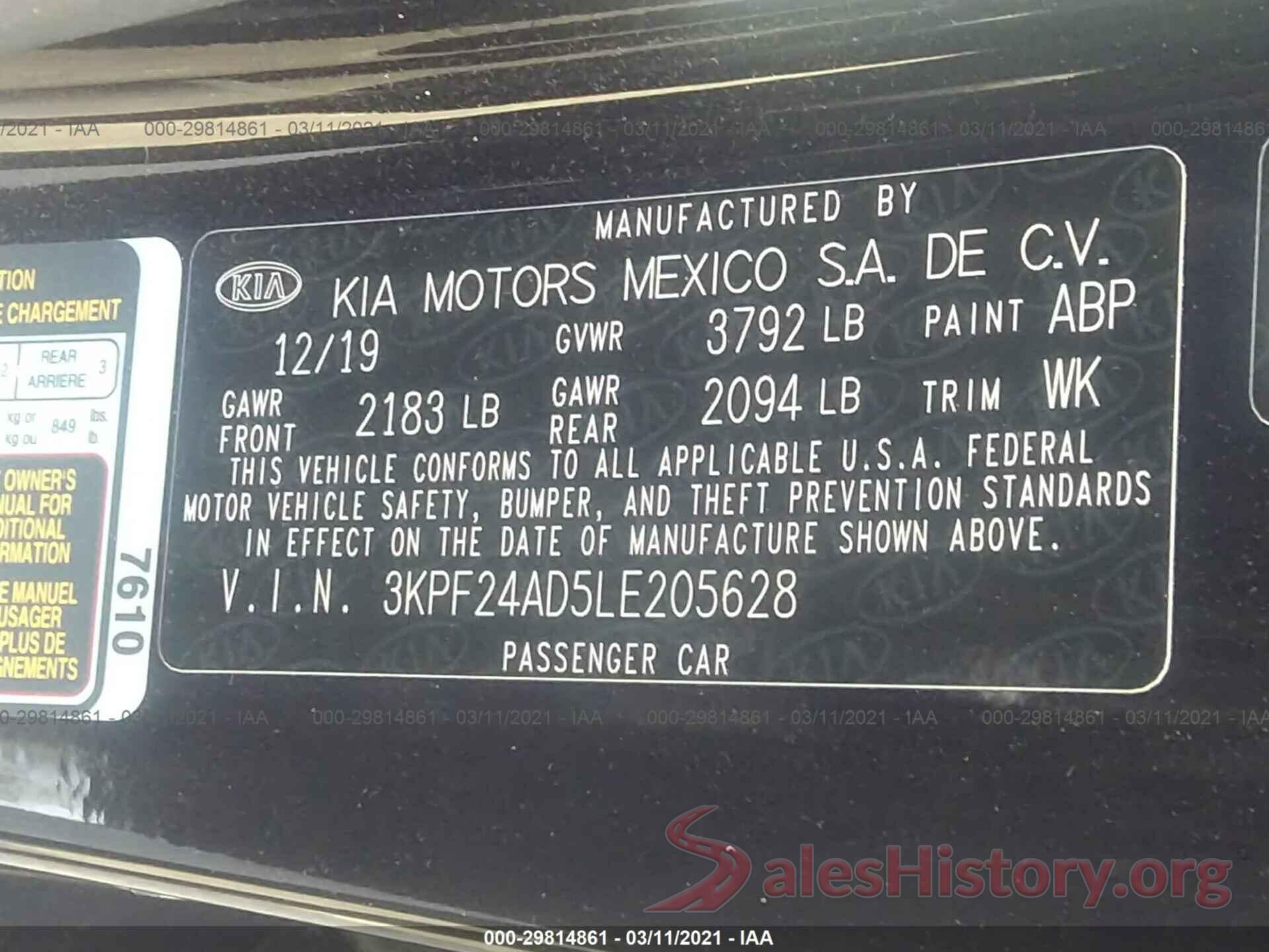 3KPF24AD5LE205628 2020 KIA FORTE