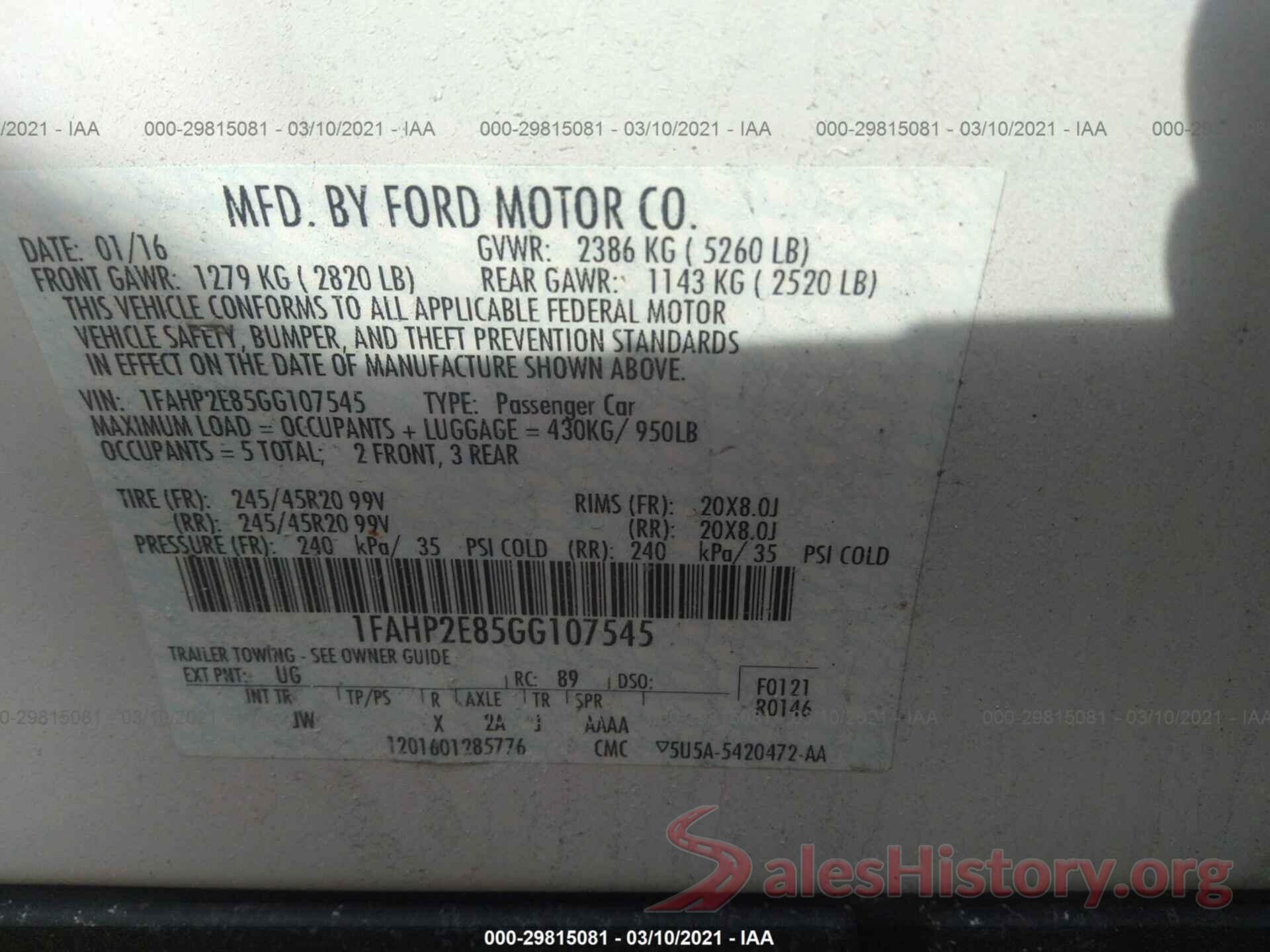 1FAHP2E85GG107545 2016 FORD TAURUS