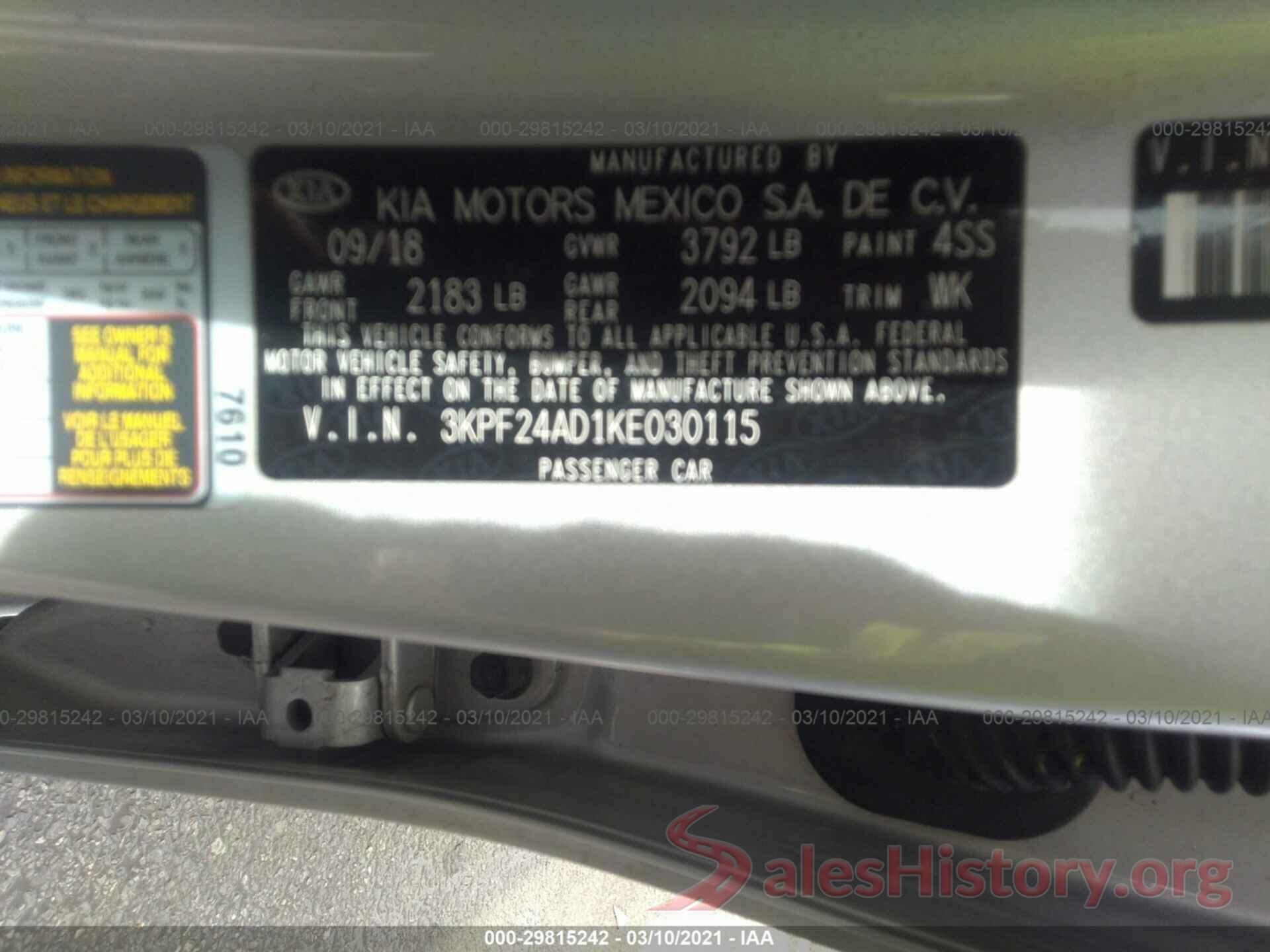 3KPF24AD1KE030115 2019 KIA FORTE