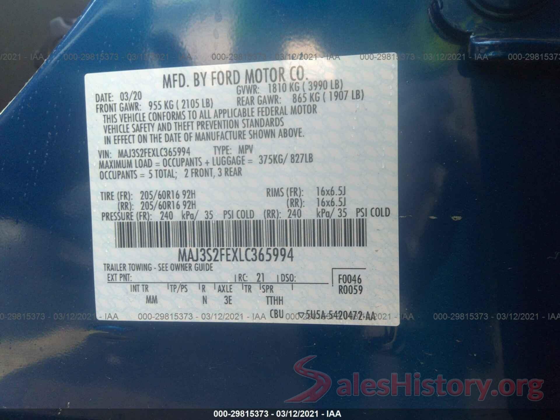 MAJ3S2FEXLC365994 2020 FORD ECOSPORT