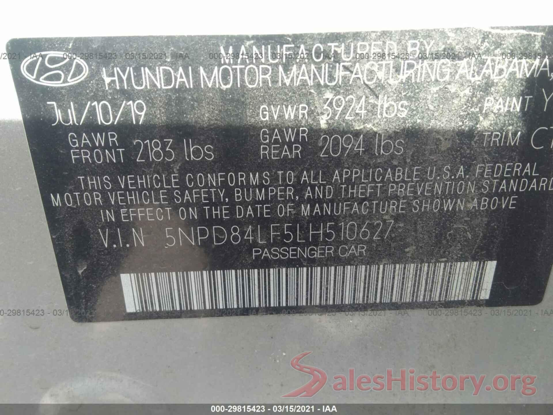 5NPD84LF5LH510627 2020 HYUNDAI ELANTRA