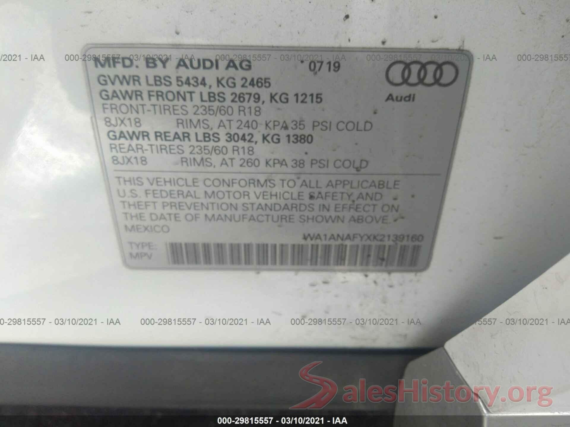 WA1ANAFYXK2139160 2019 AUDI Q5