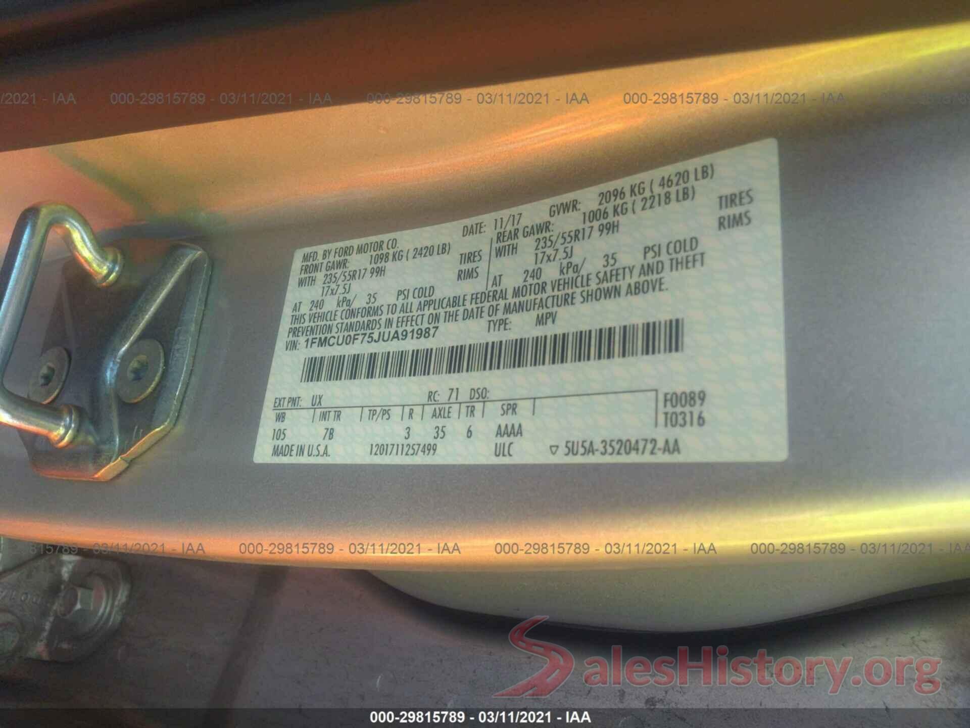 1FMCU0F75JUA91987 2018 FORD ESCAPE