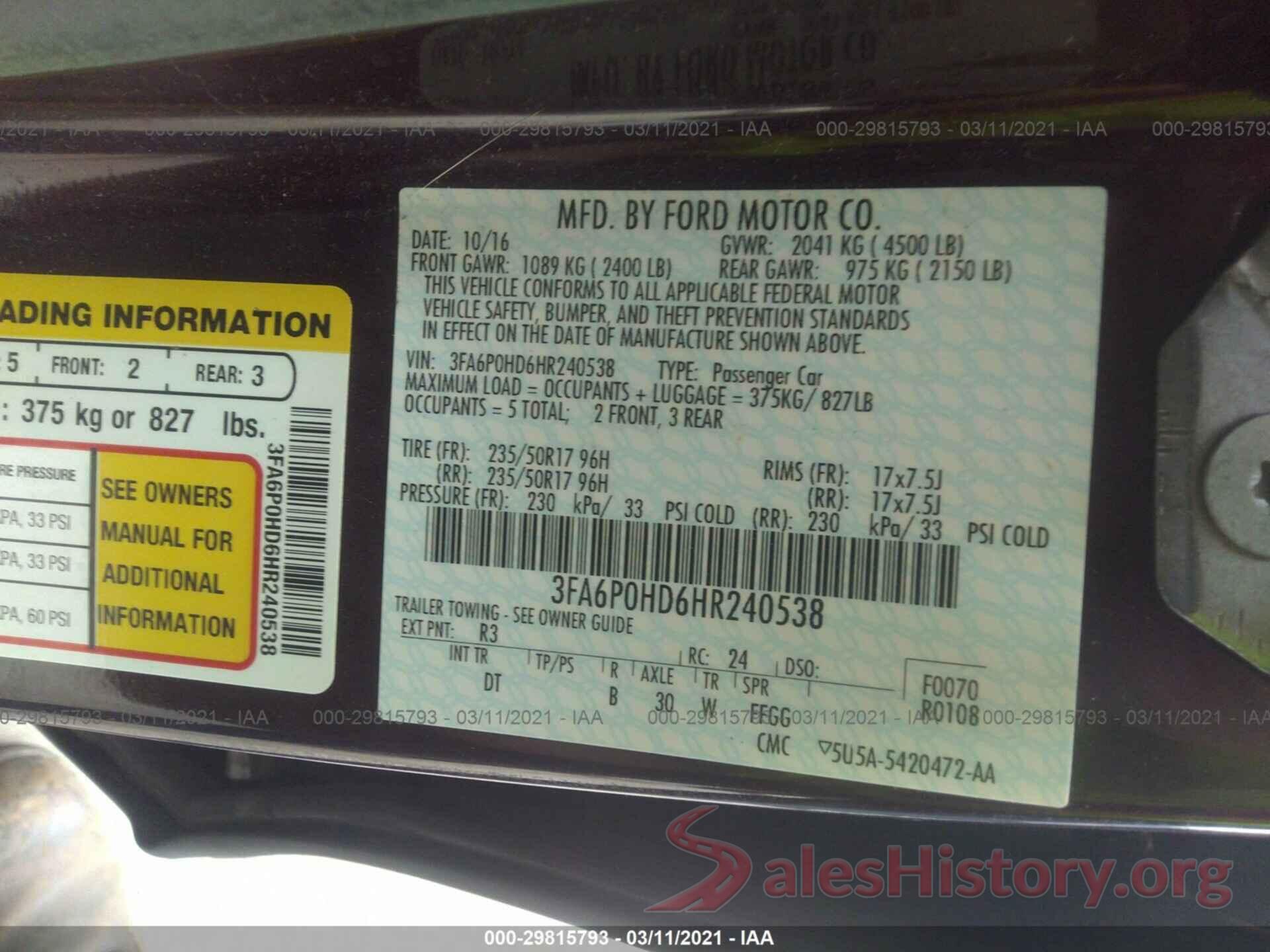 3FA6P0HD6HR240538 2017 FORD FUSION