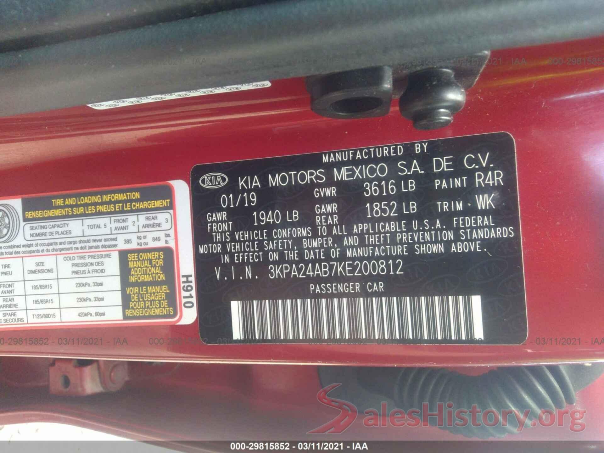 3KPA24AB7KE200812 2019 KIA RIO