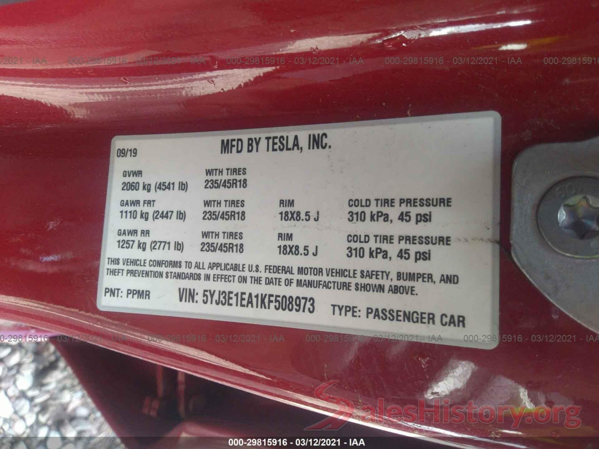 5YJ3E1EA1KF508973 2019 TESLA MODEL 3