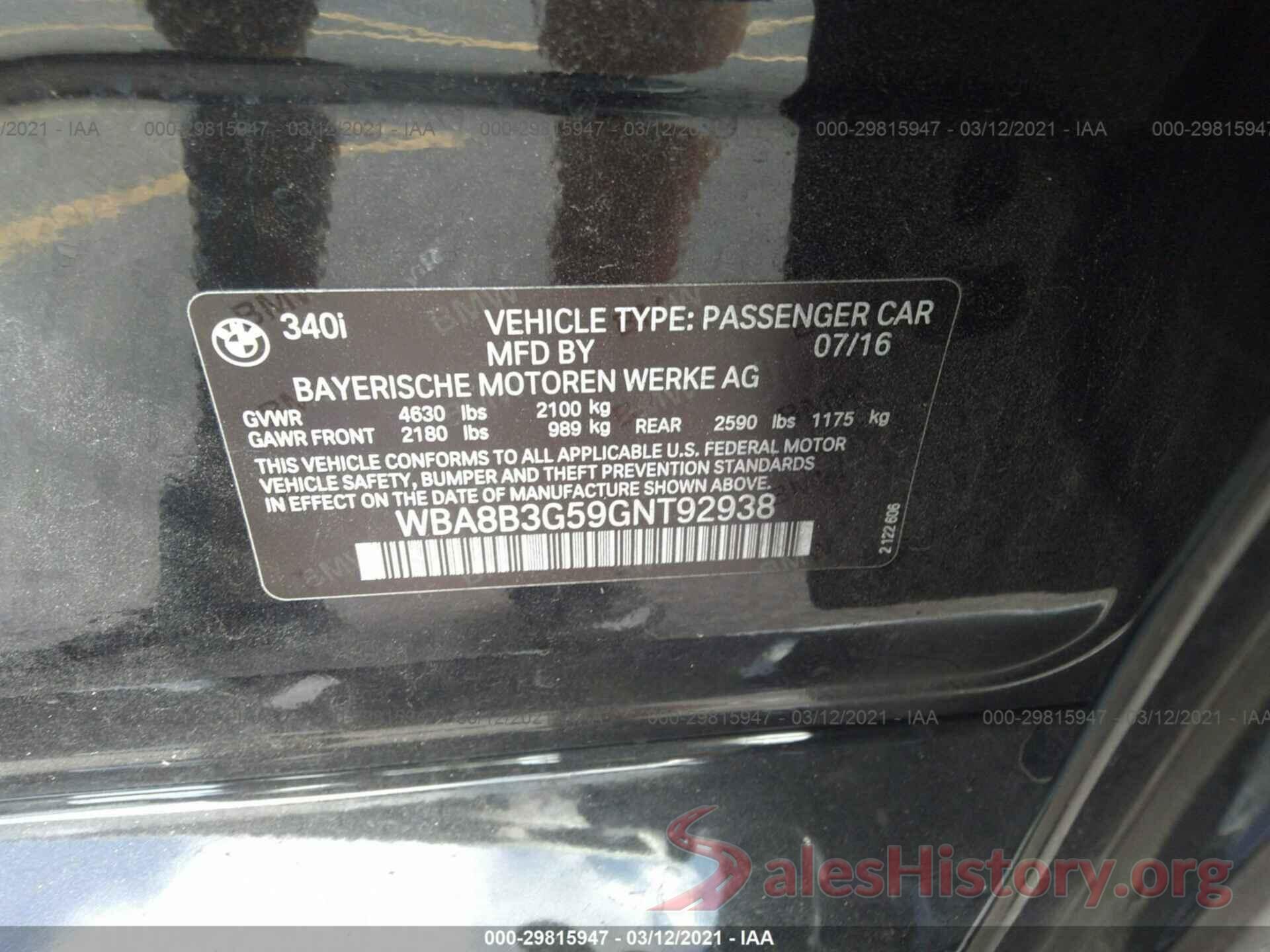 WBA8B3G59GNT92938 2016 BMW 3 SERIES