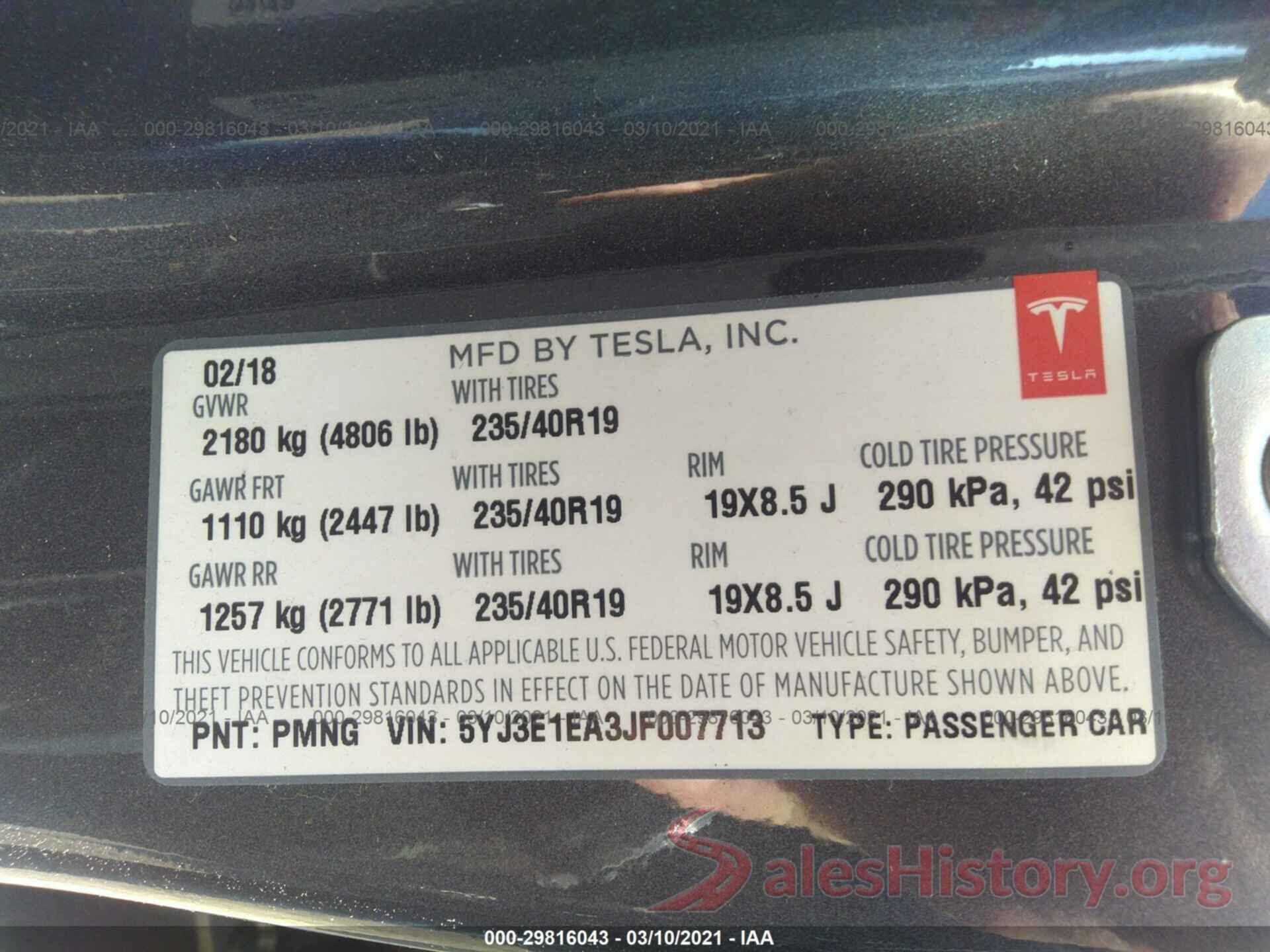 5YJ3E1EA3JF007713 2018 TESLA MODEL 3