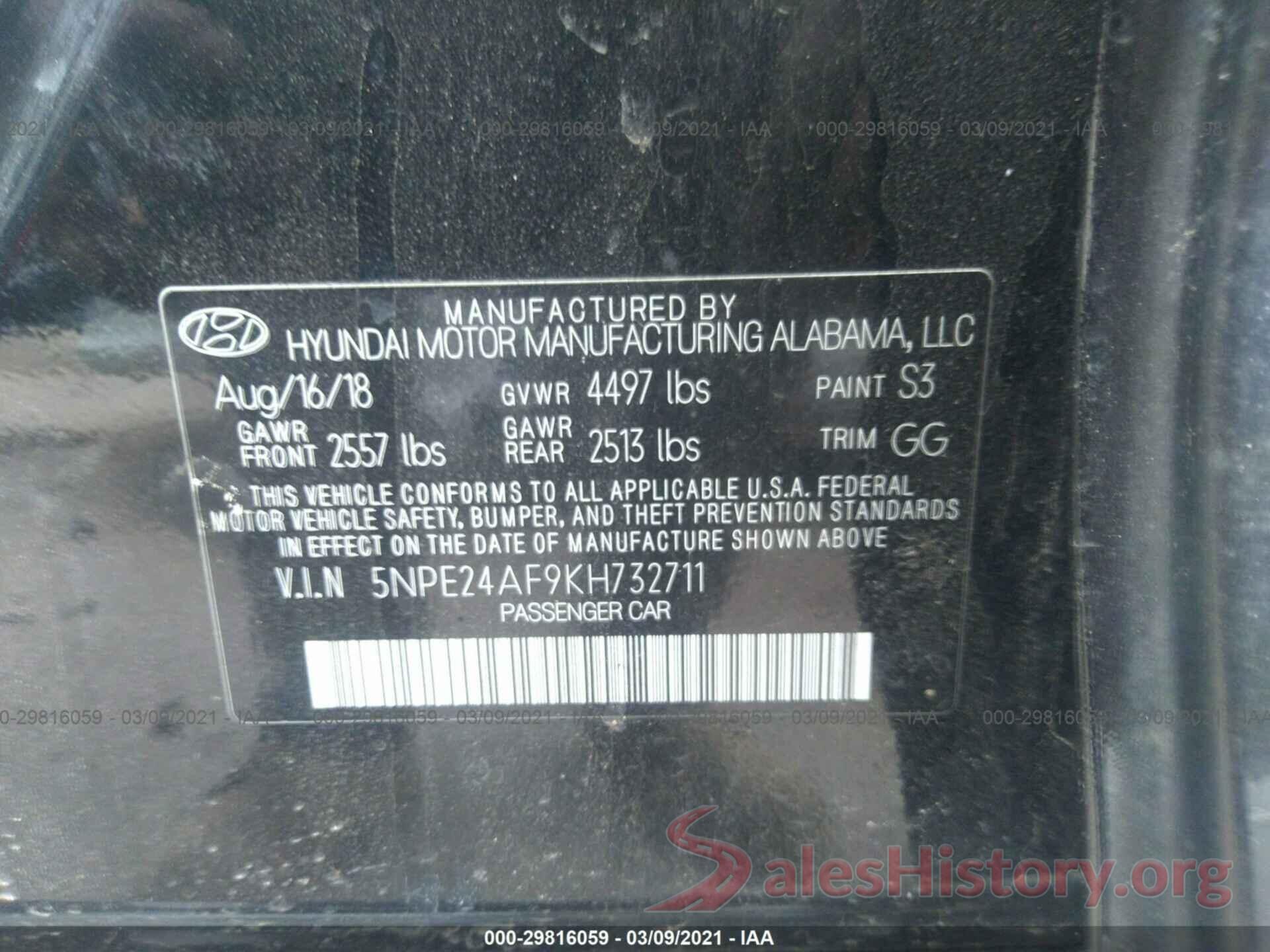 5NPE24AF9KH732711 2019 HYUNDAI SONATA