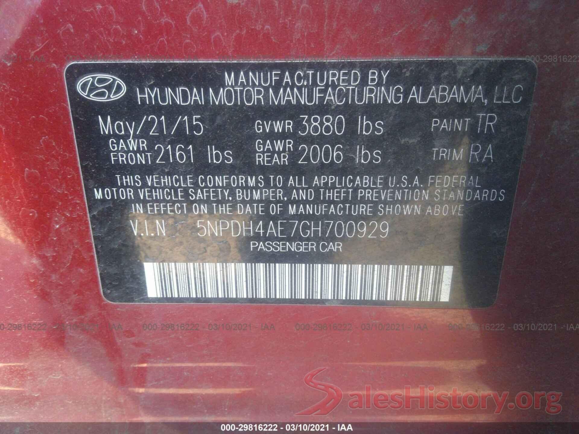 5NPDH4AE7GH700929 2016 HYUNDAI ELANTRA