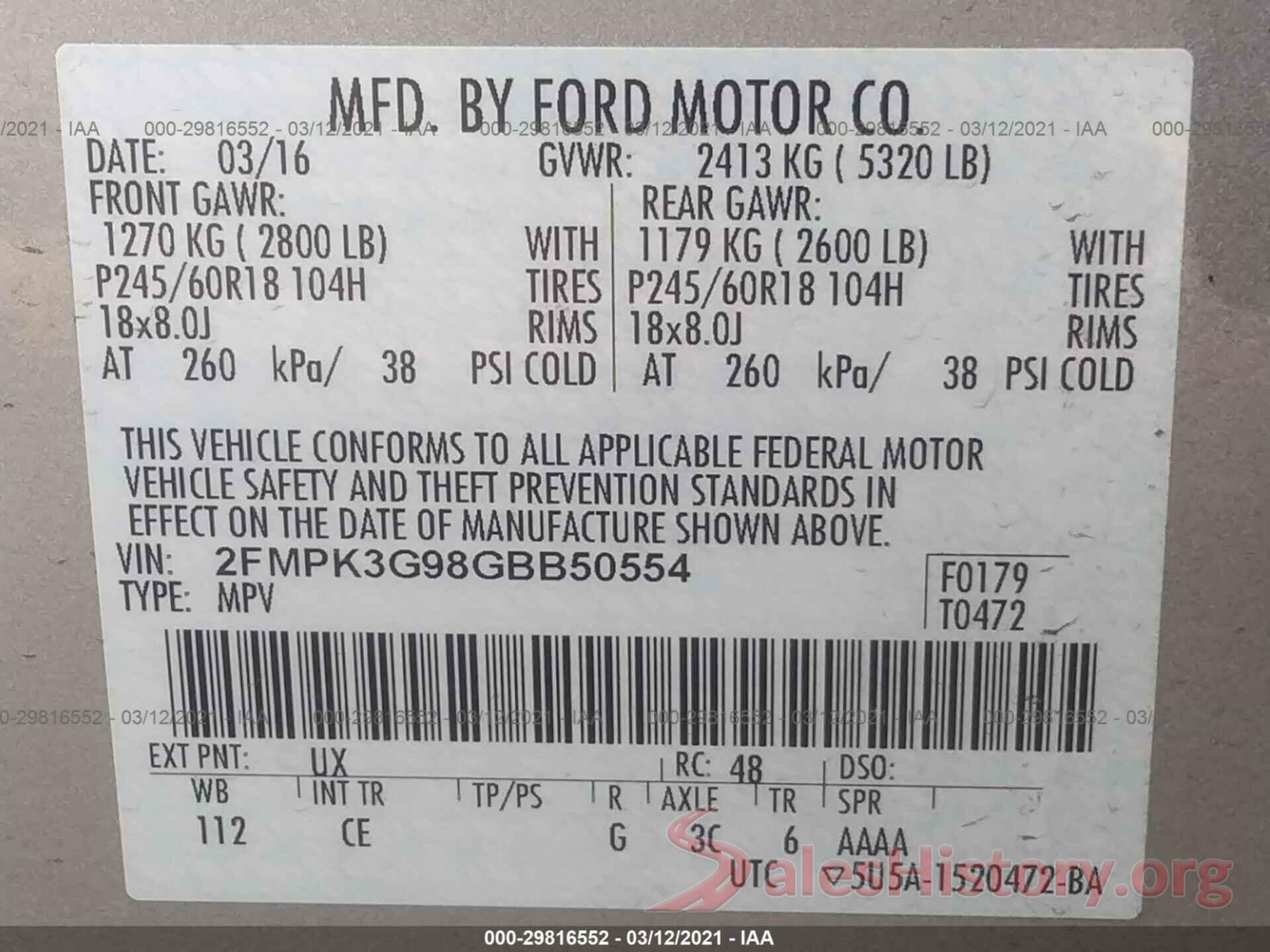 2FMPK3G98GBB50554 2016 FORD EDGE