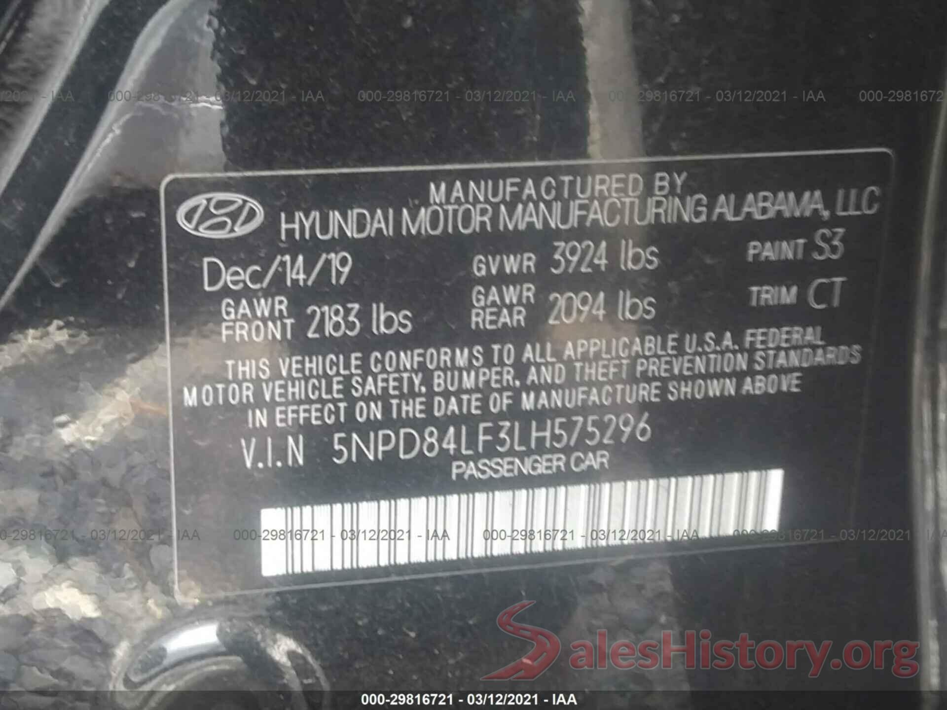 5NPD84LF3LH575296 2020 HYUNDAI ELANTRA