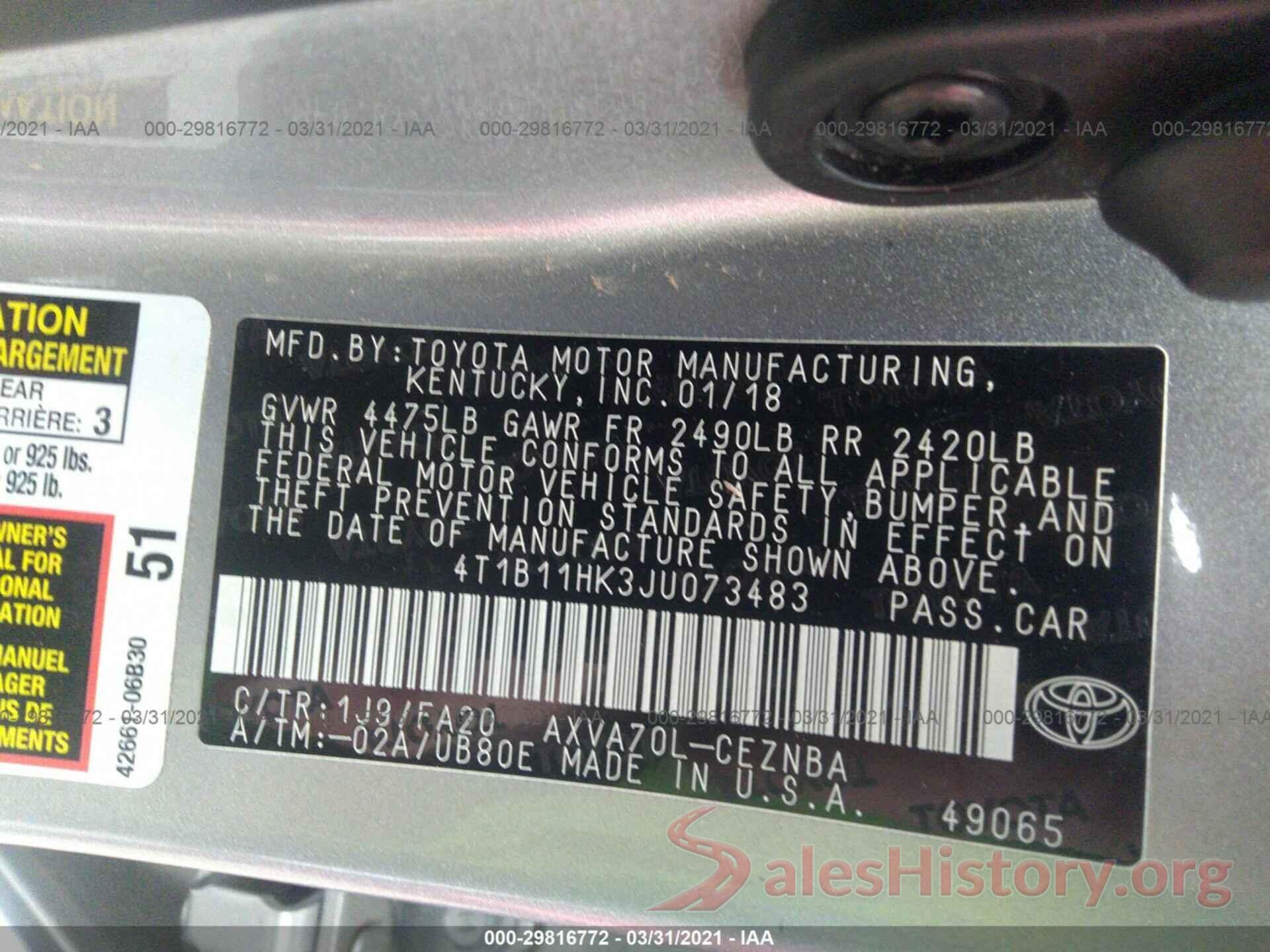 4T1B11HK3JU073483 2018 TOYOTA CAMRY