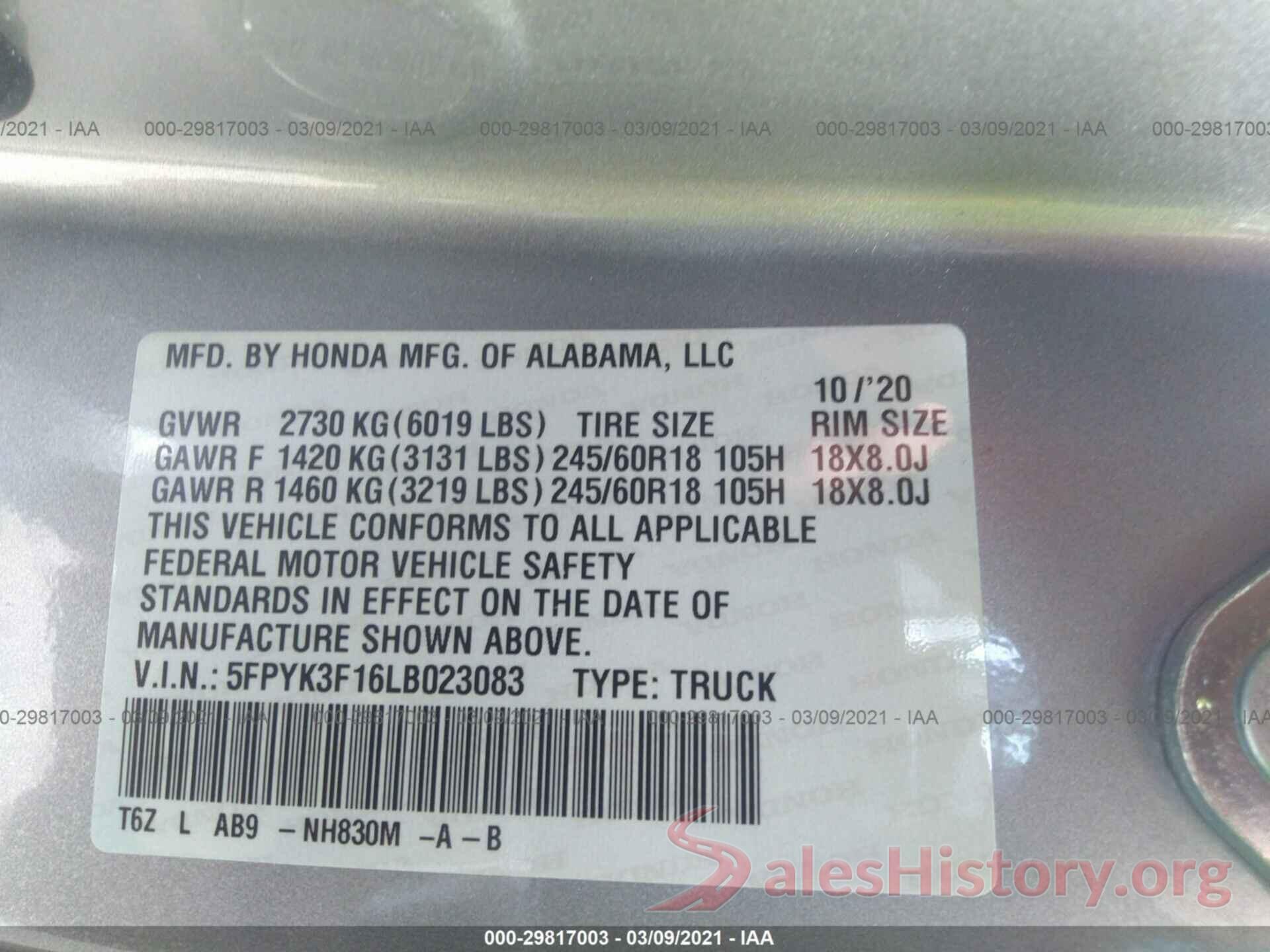 5FPYK3F16LB023083 2020 HONDA RIDGELINE