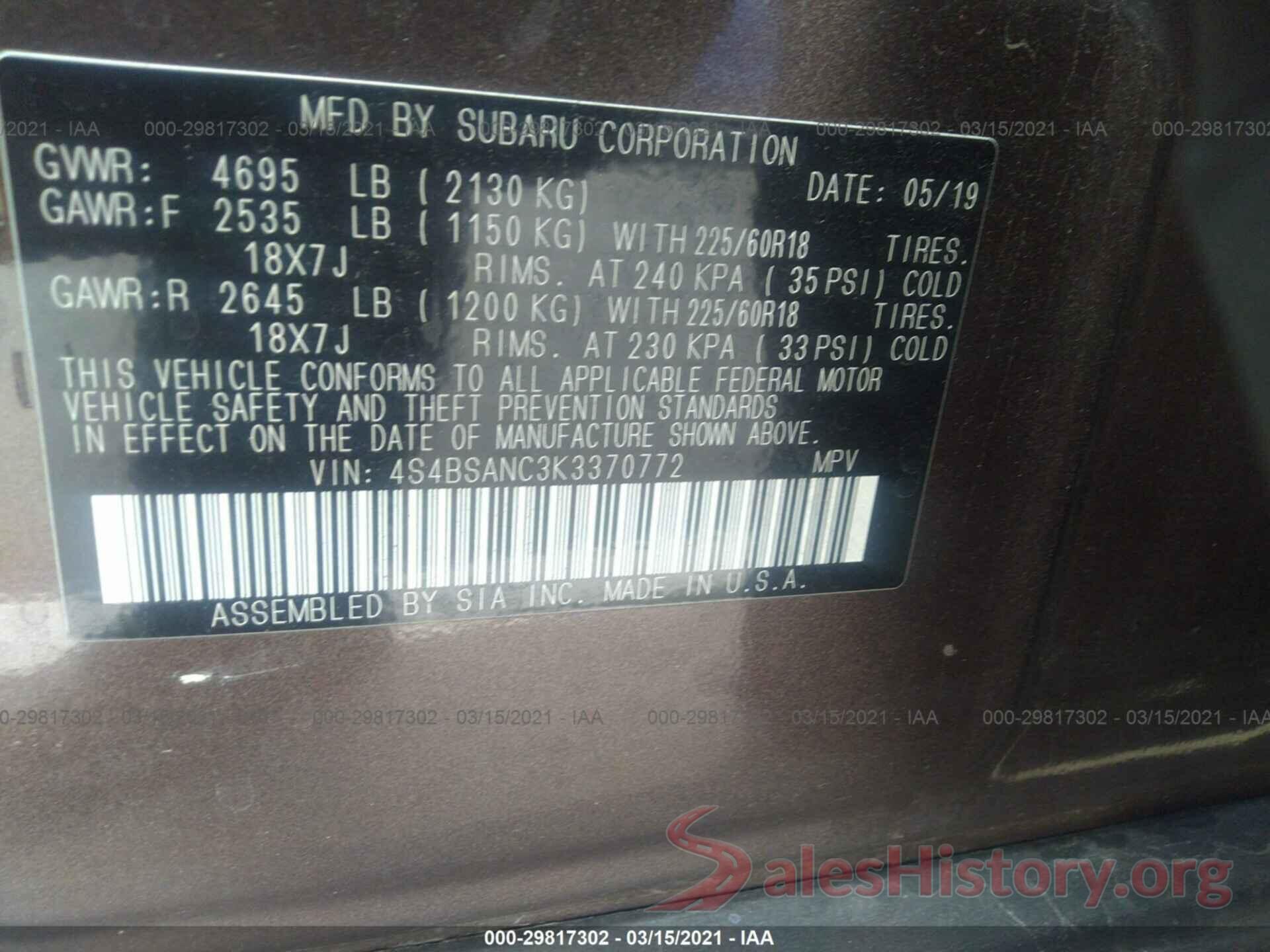 4S4BSANC3K3370772 2019 SUBARU OUTBACK