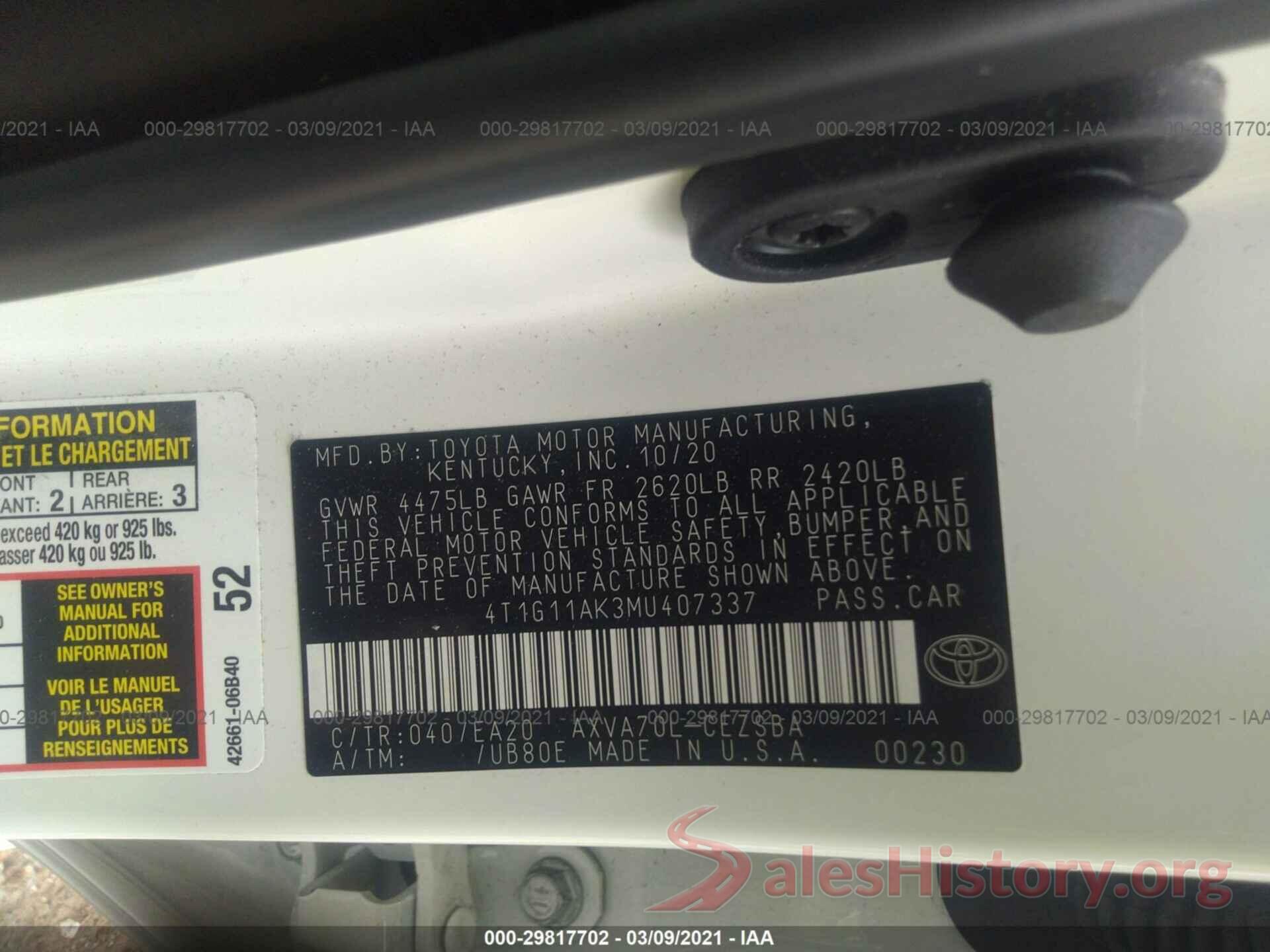 4T1G11AK3MU407337 2021 TOYOTA CAMRY