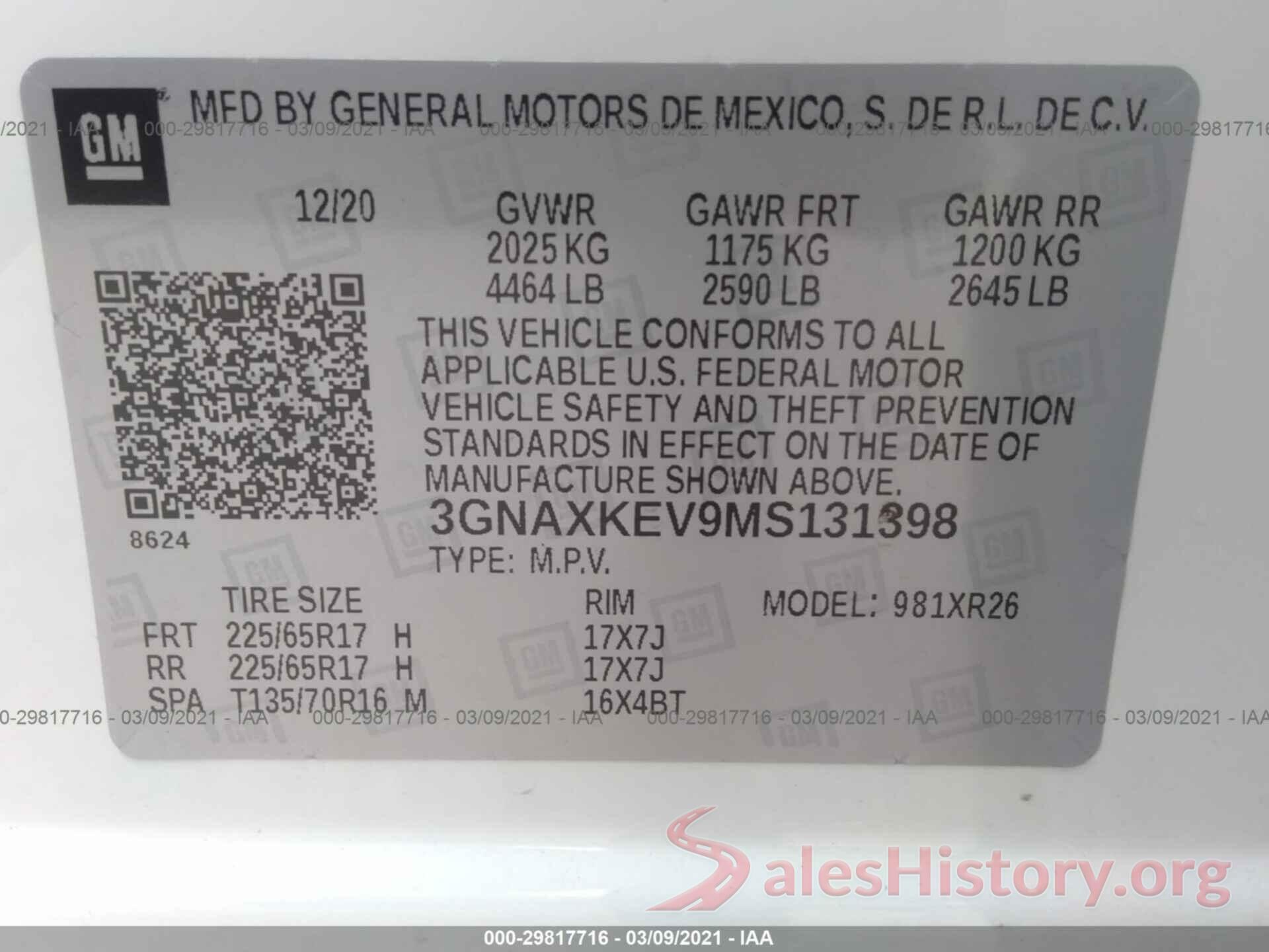 3GNAXKEV9MS131398 2021 CHEVROLET EQUINOX