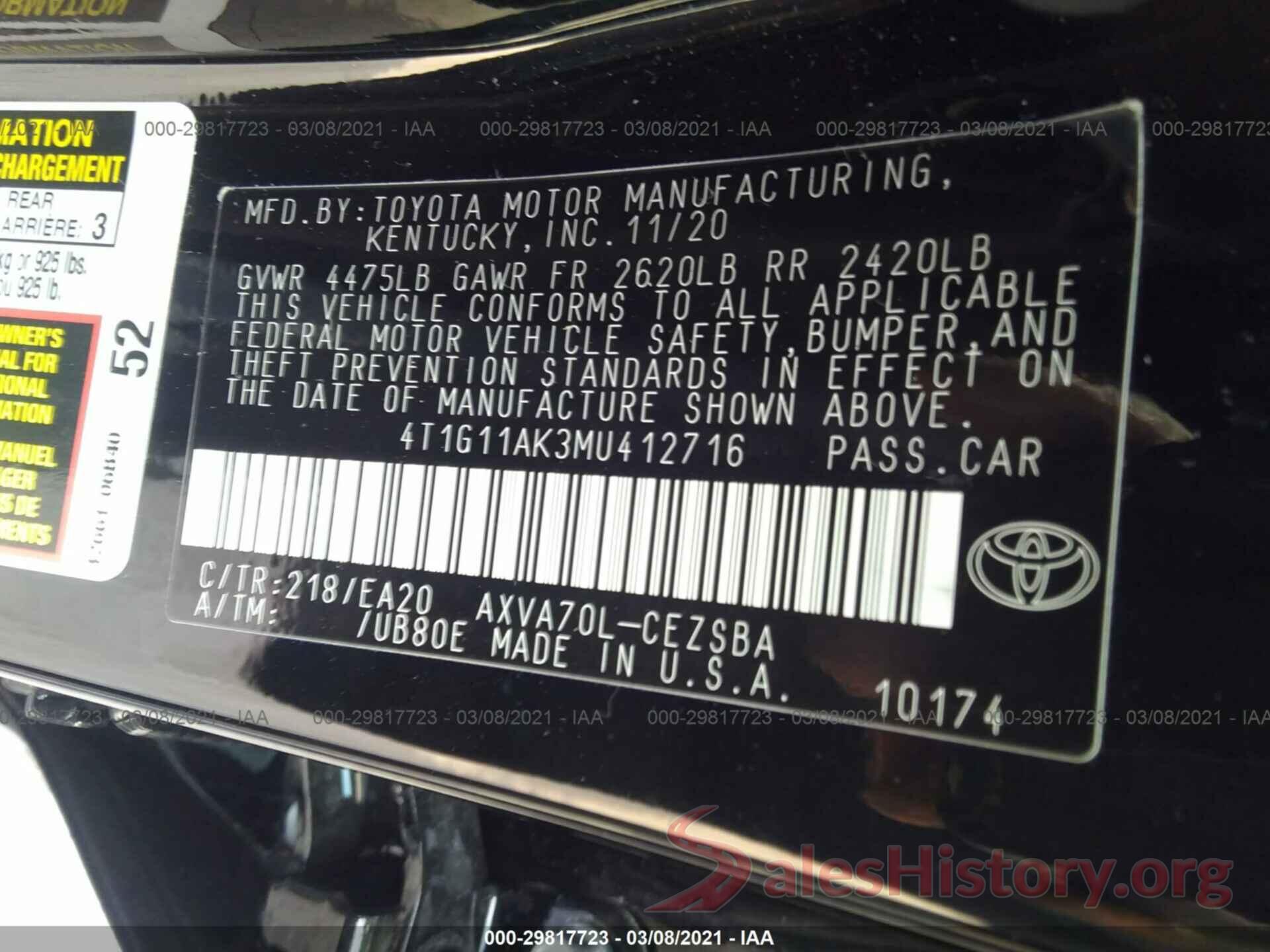 4T1G11AK3MU412716 2021 TOYOTA CAMRY