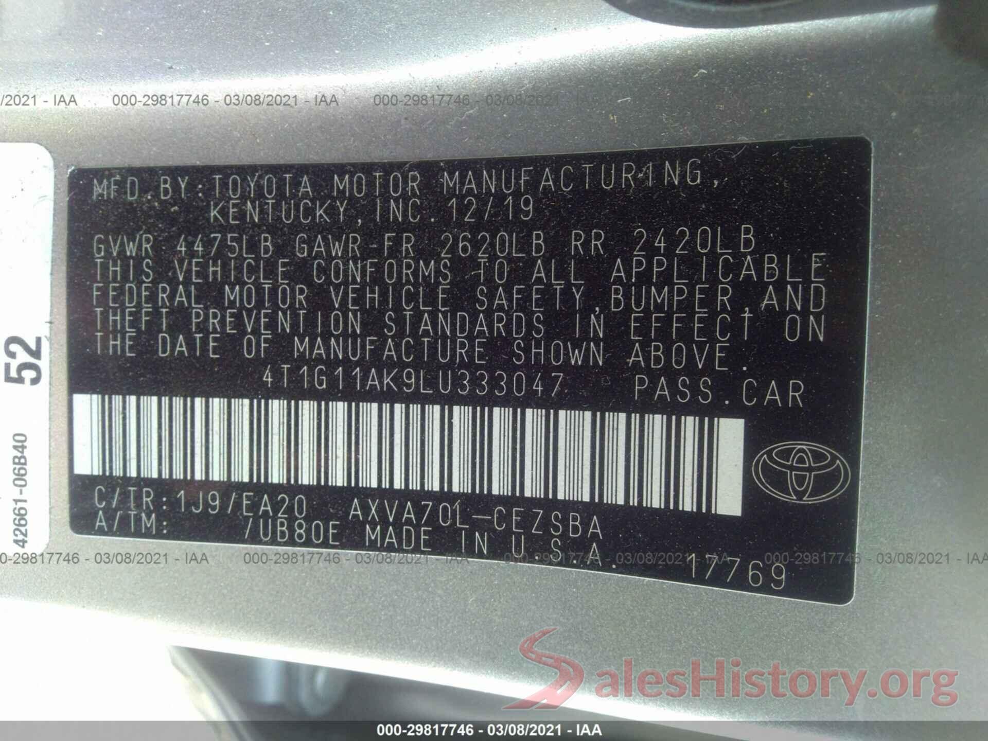 4T1G11AK9LU333047 2020 TOYOTA CAMRY