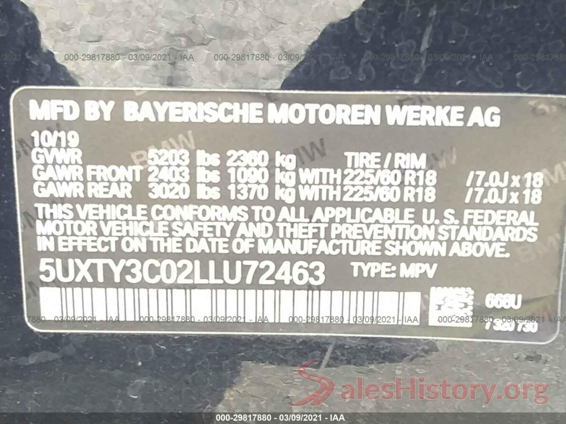 5UXTY3C02LLU72463 2020 BMW X3