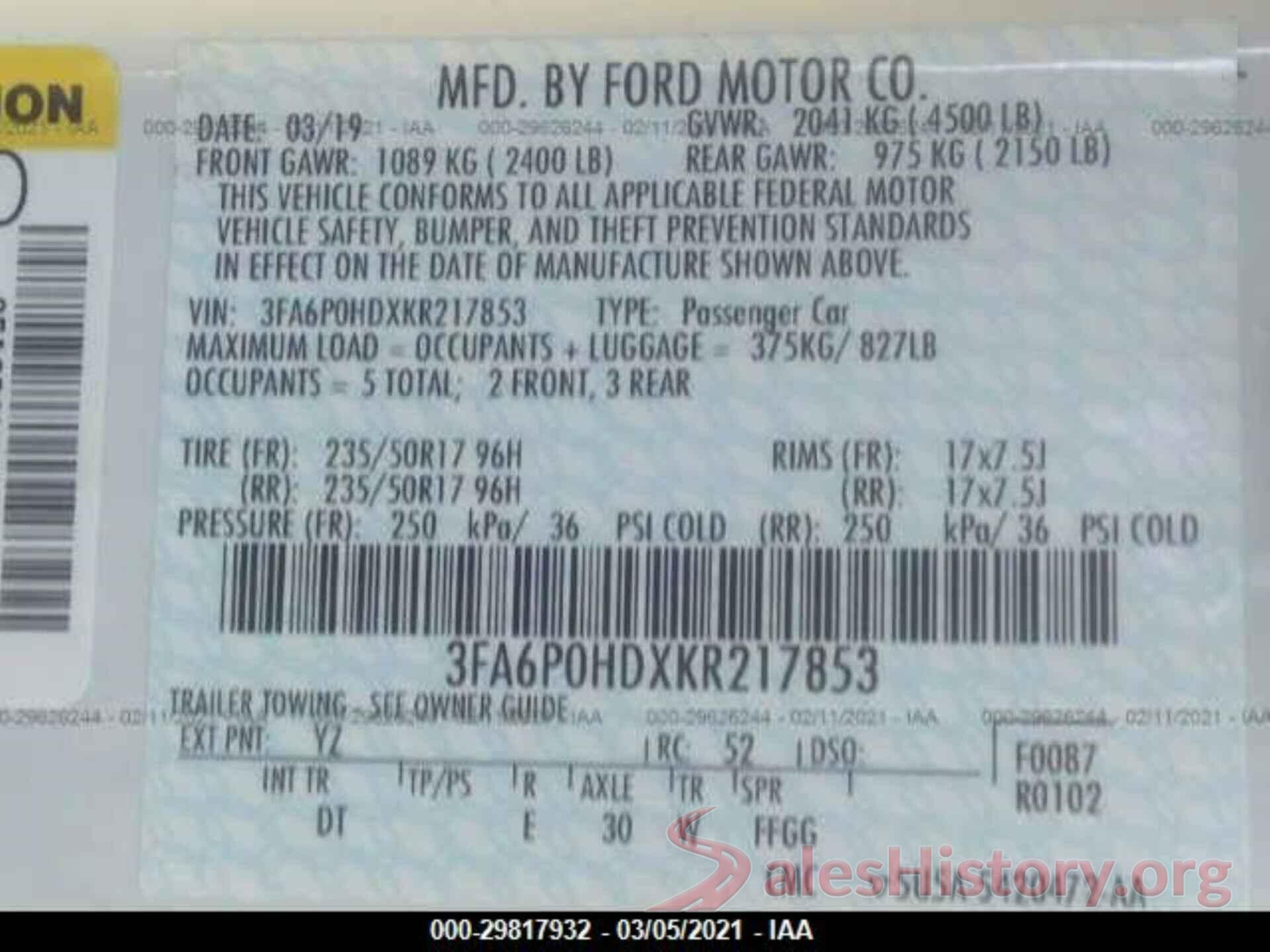 3FA6P0HDXKR217853 2019 FORD FUSION