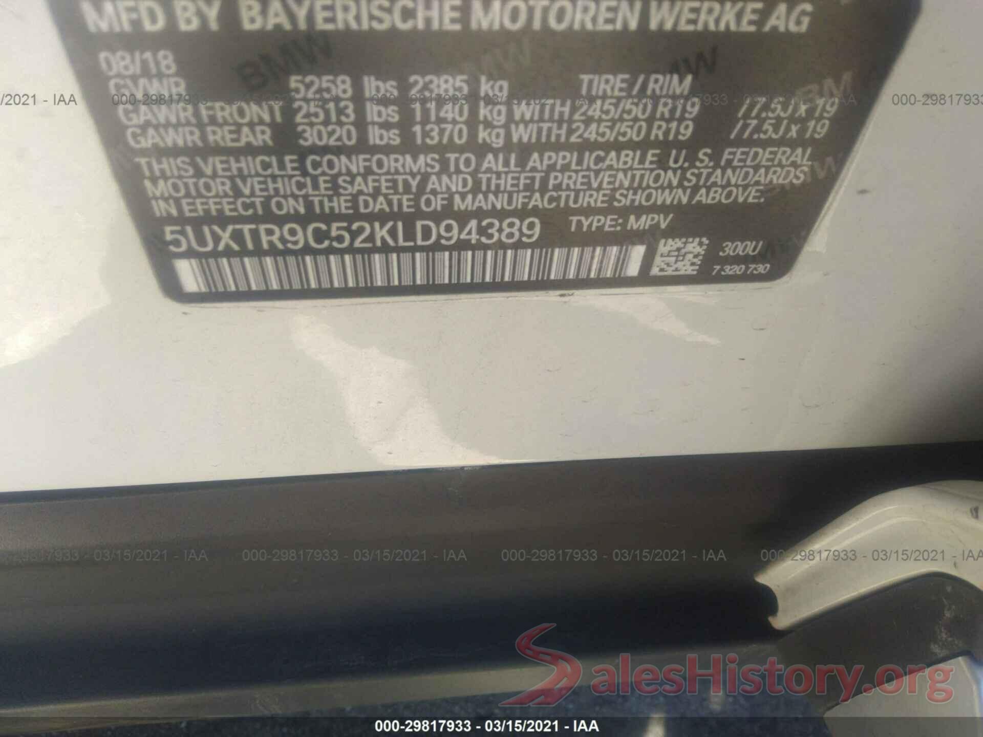 5UXTR9C52KLD94389 2019 BMW X3