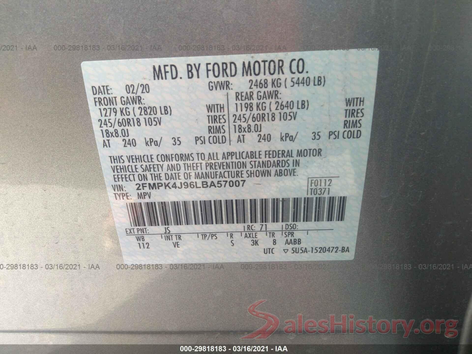 2FMPK4J96LBA57007 2020 FORD EDGE