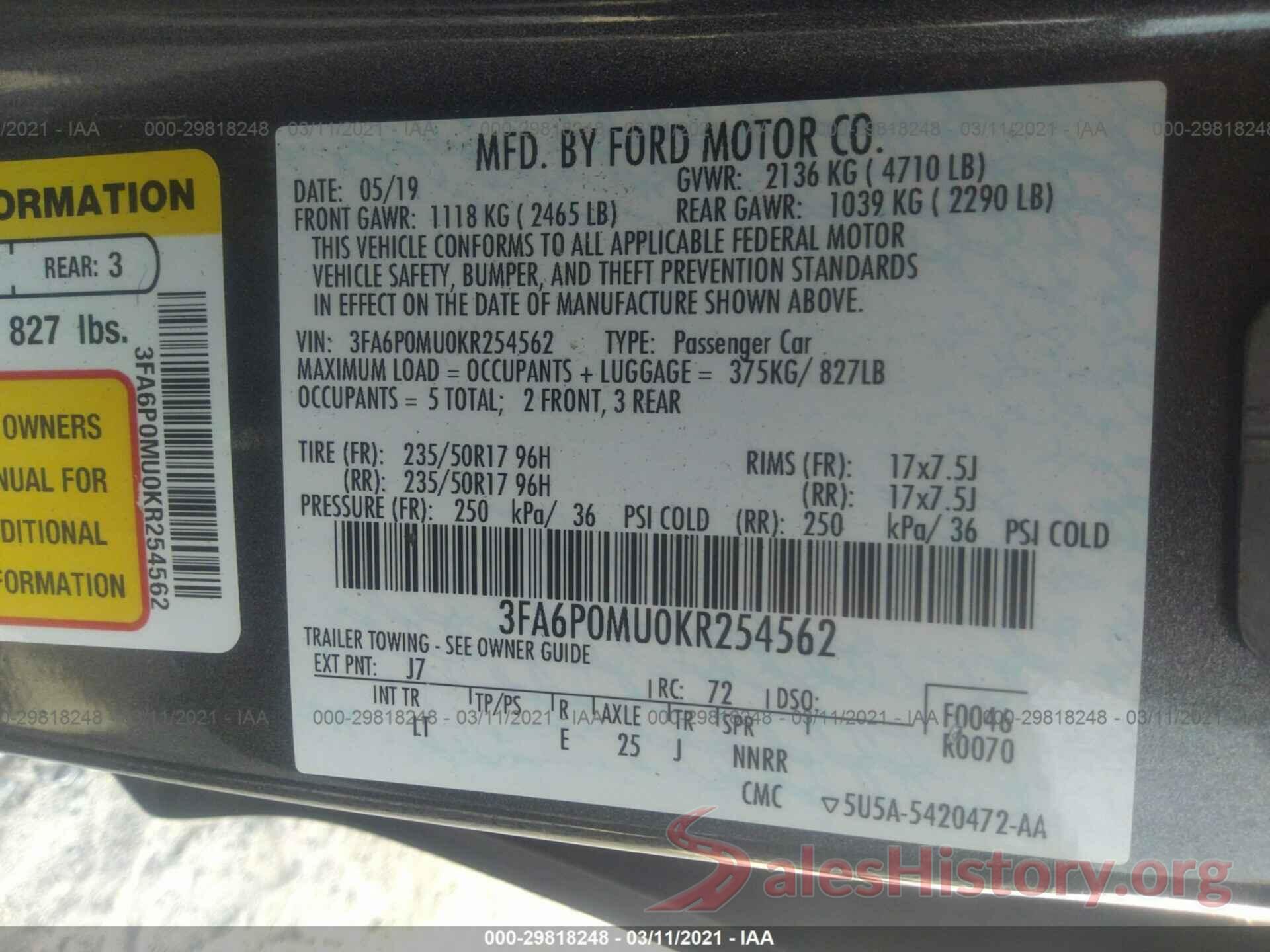 3FA6P0MU0KR254562 2019 FORD FUSION HYBRID