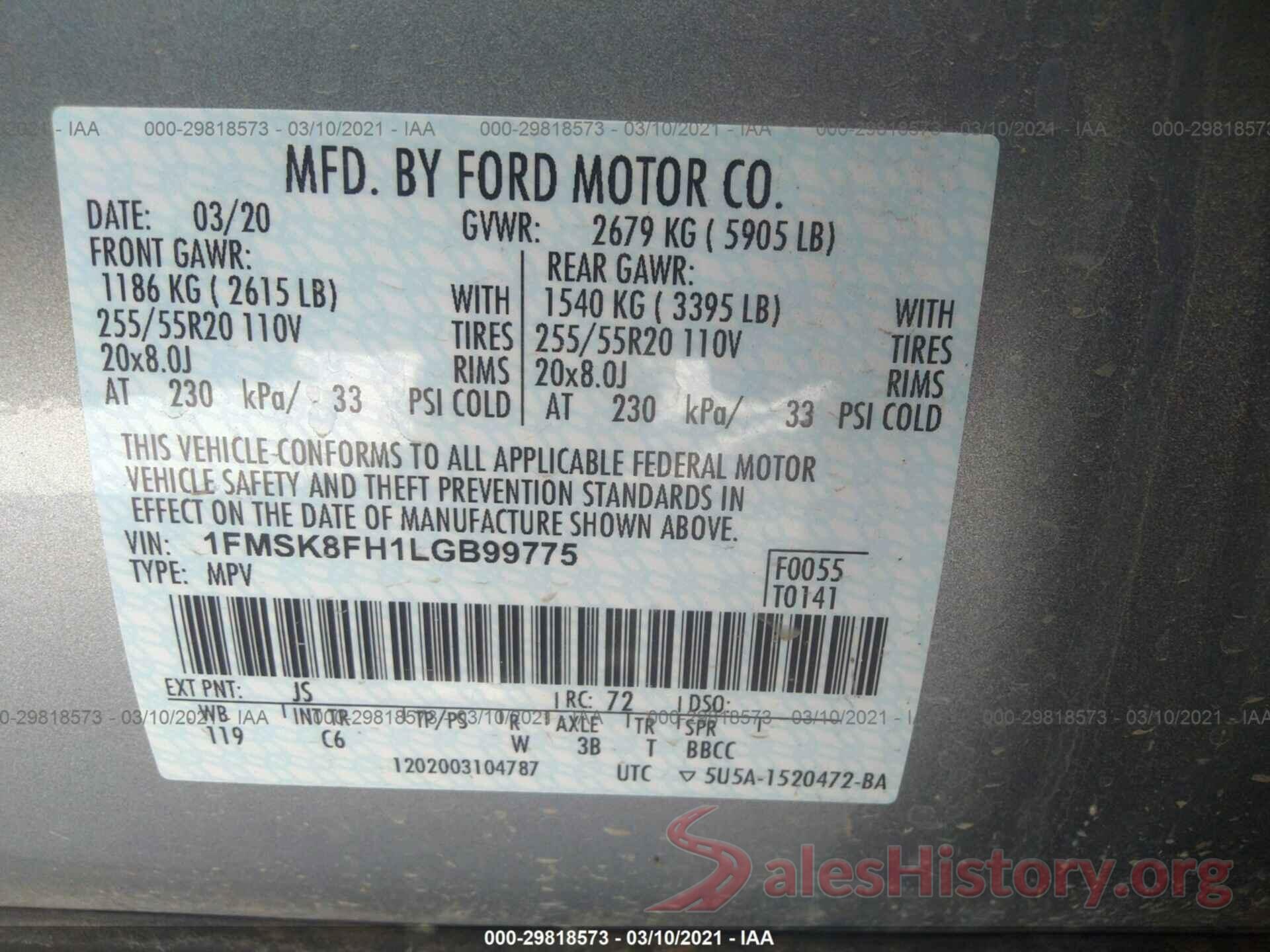 1FMSK8FH1LGB99775 2020 FORD EXPLORER