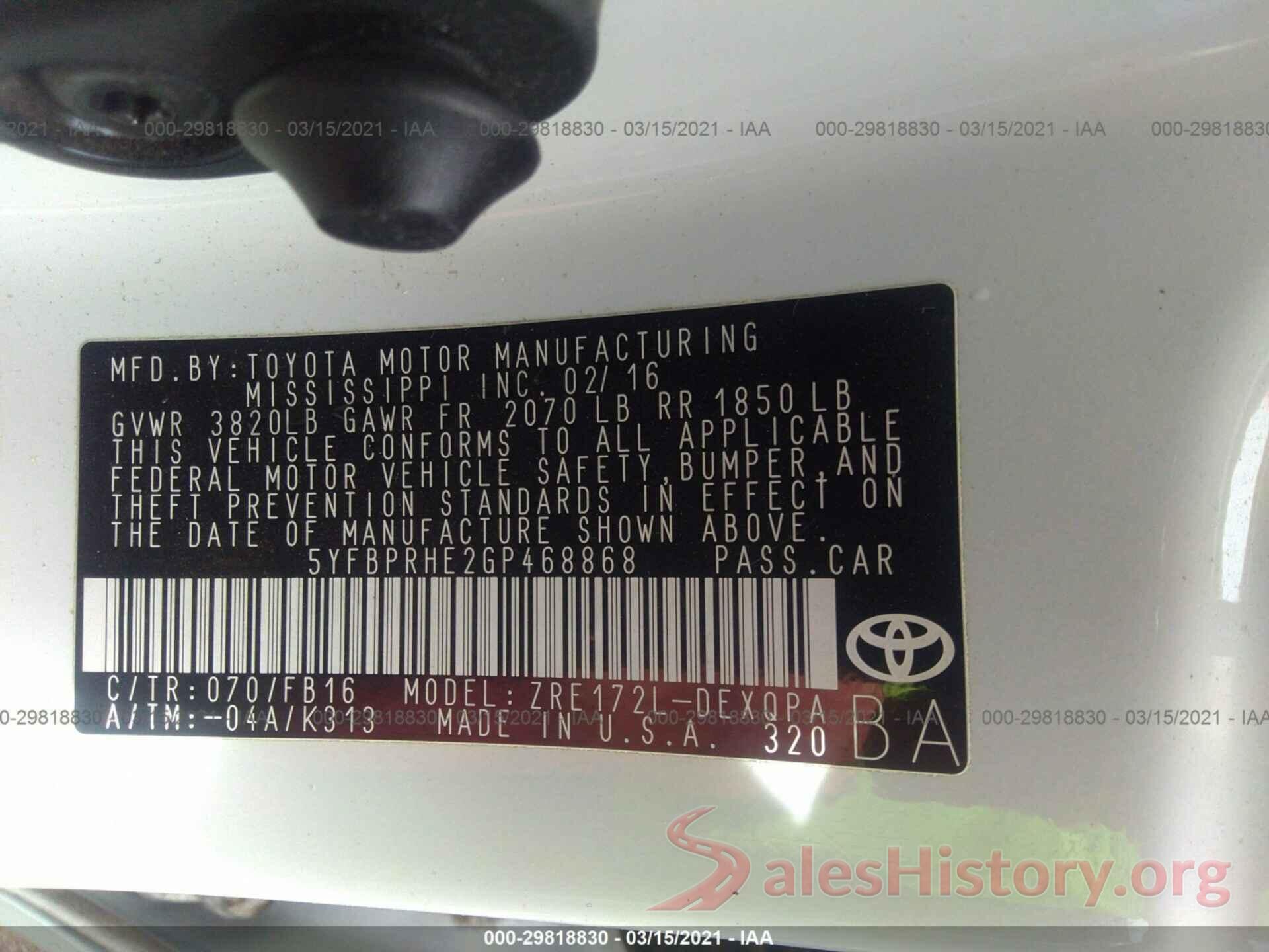 5YFBPRHE2GP468868 2016 TOYOTA COROLLA