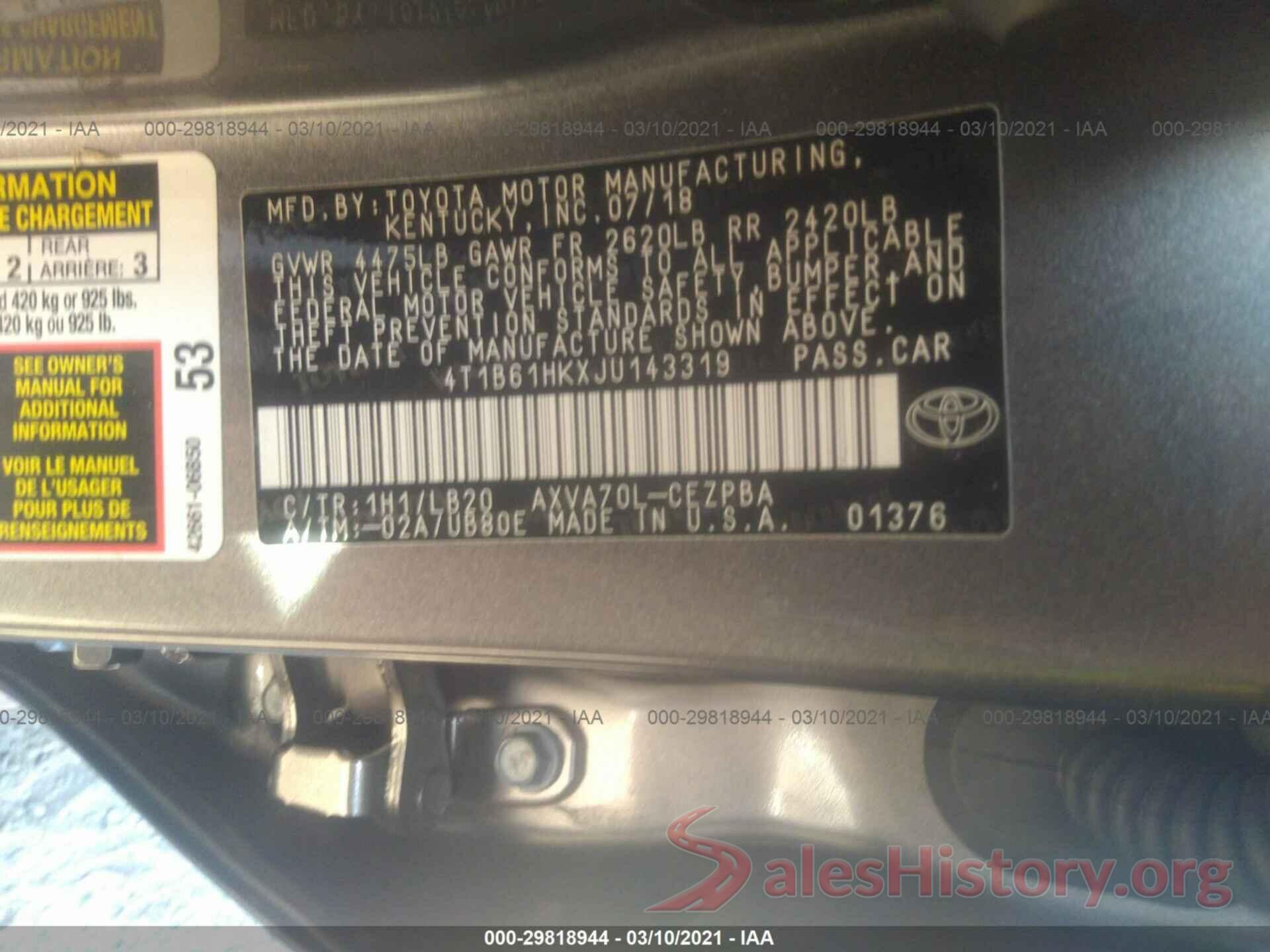 4T1B61HKXJU143319 2018 TOYOTA CAMRY