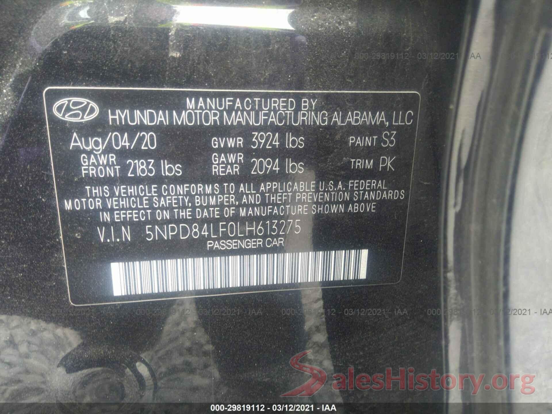 5NPD84LF0LH613275 2020 HYUNDAI ELANTRA