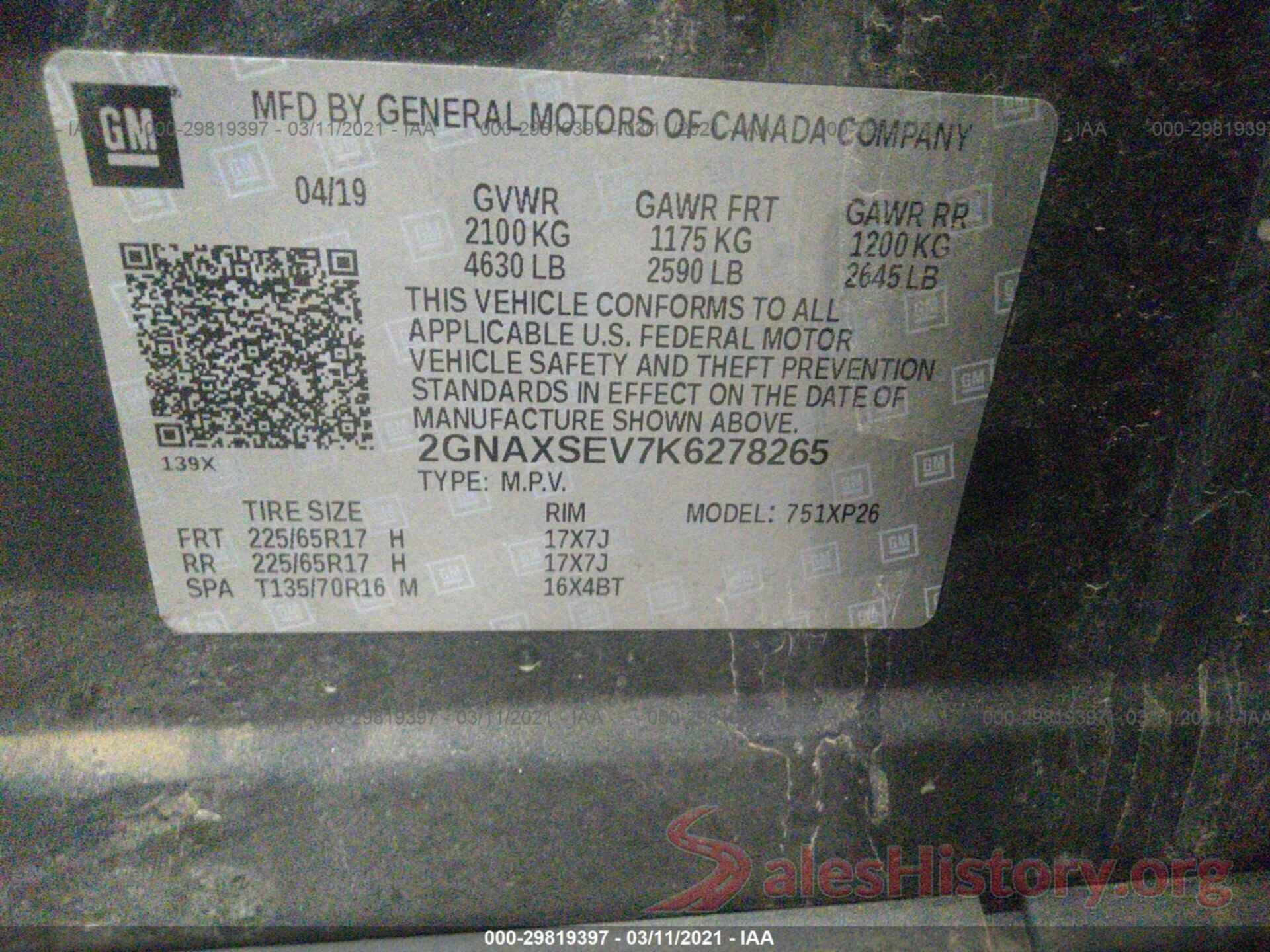 2GNAXSEV7K6278265 2019 CHEVROLET EQUINOX