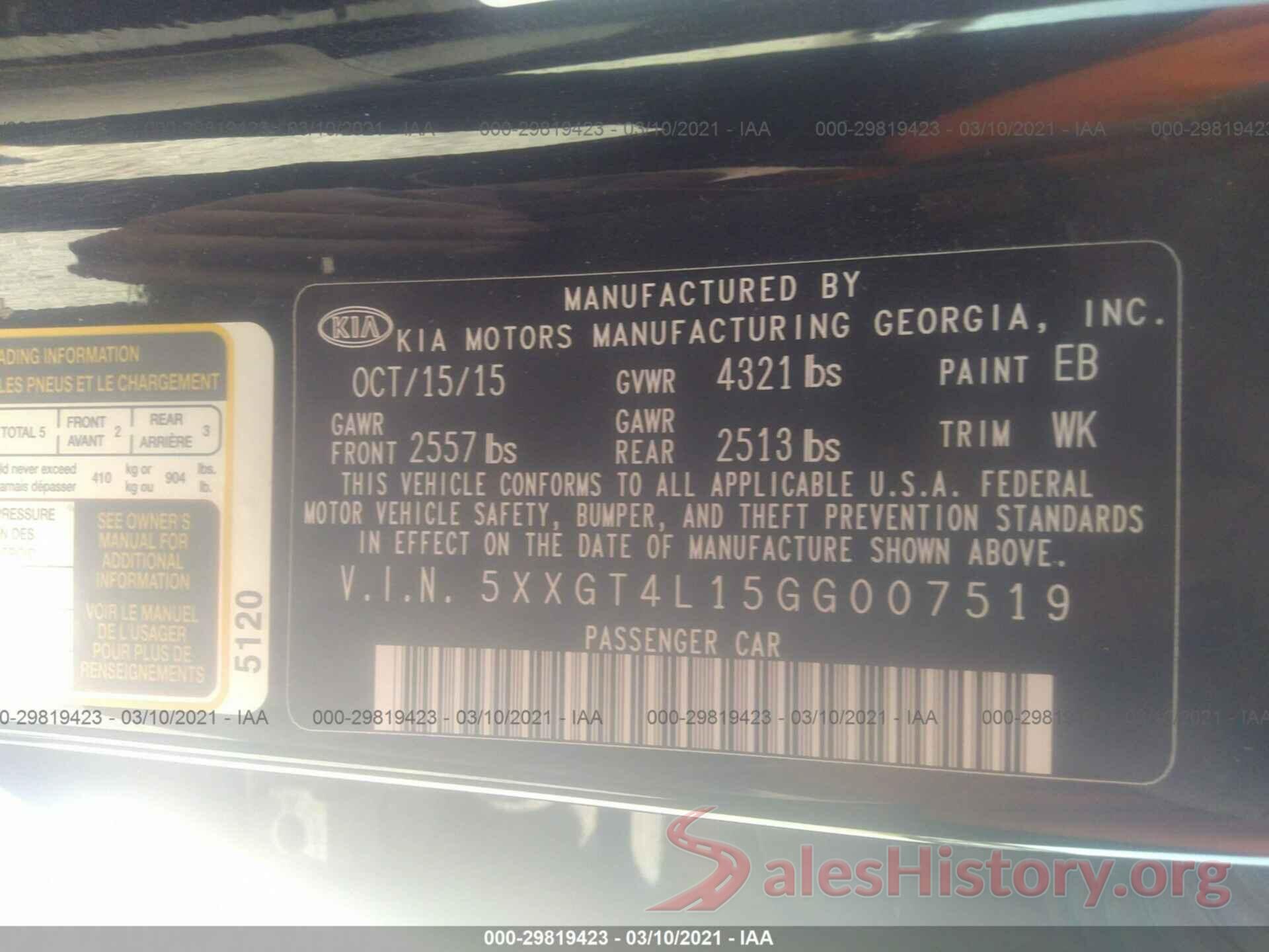 5XXGT4L15GG007519 2016 KIA OPTIMA