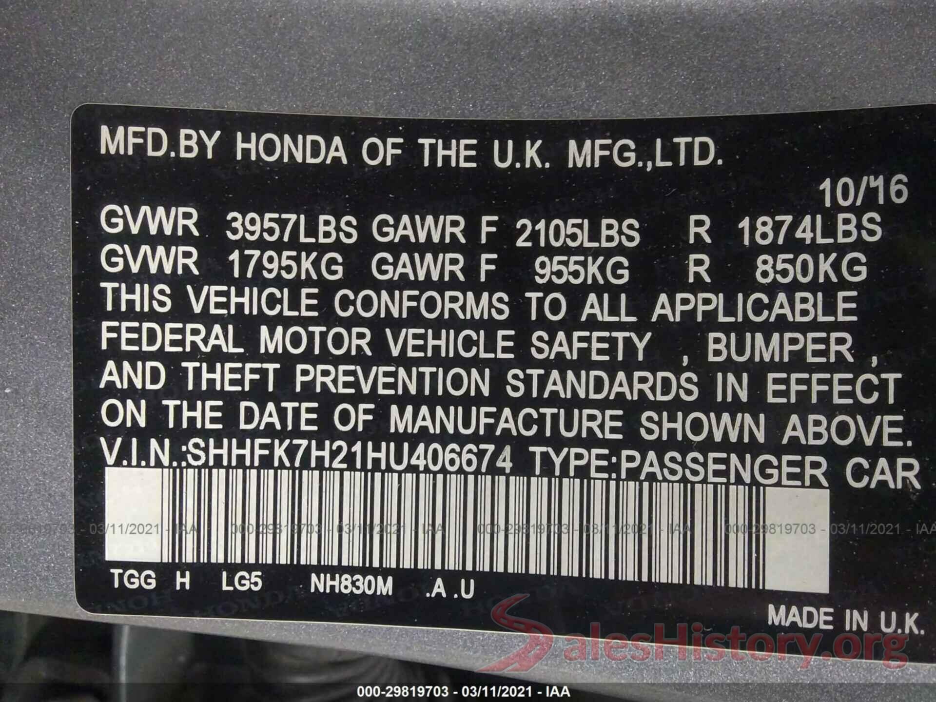 SHHFK7H21HU406674 2017 HONDA CIVIC HATCHBACK