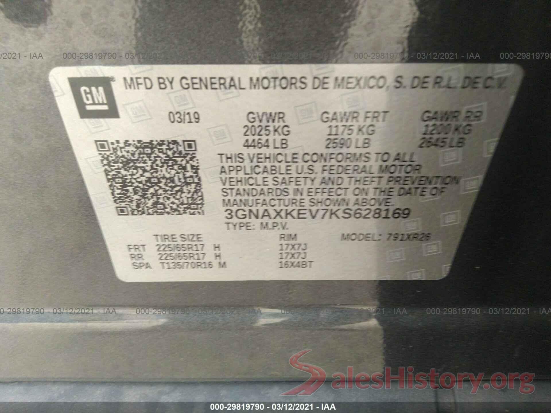 3GNAXKEV7KS628169 2019 CHEVROLET EQUINOX