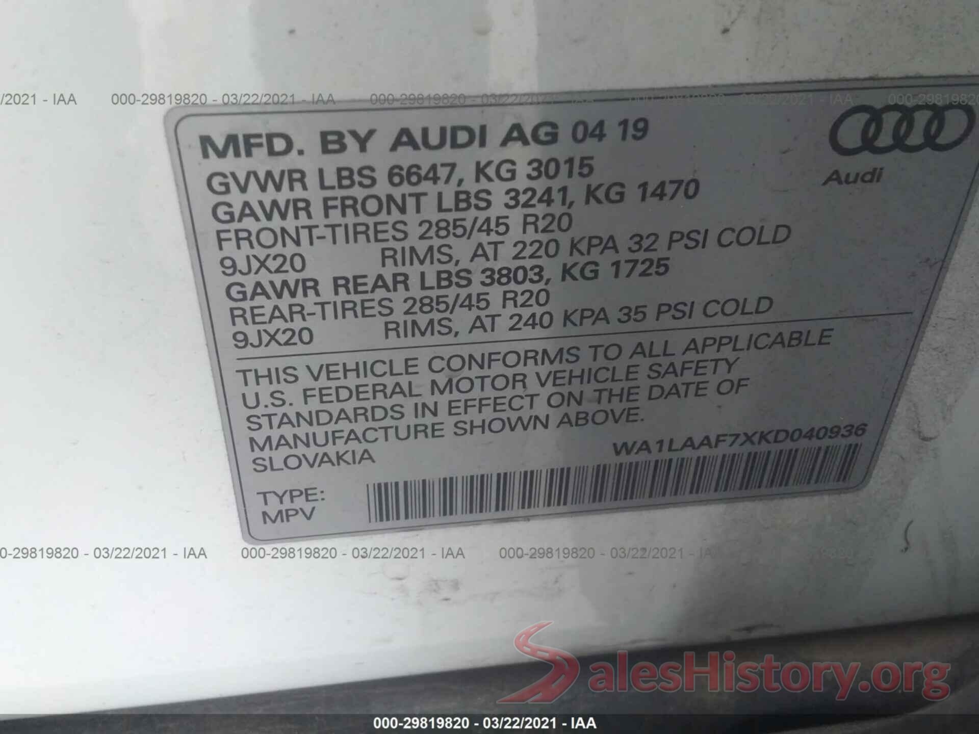 WA1LAAF7XKD040936 2019 AUDI Q7